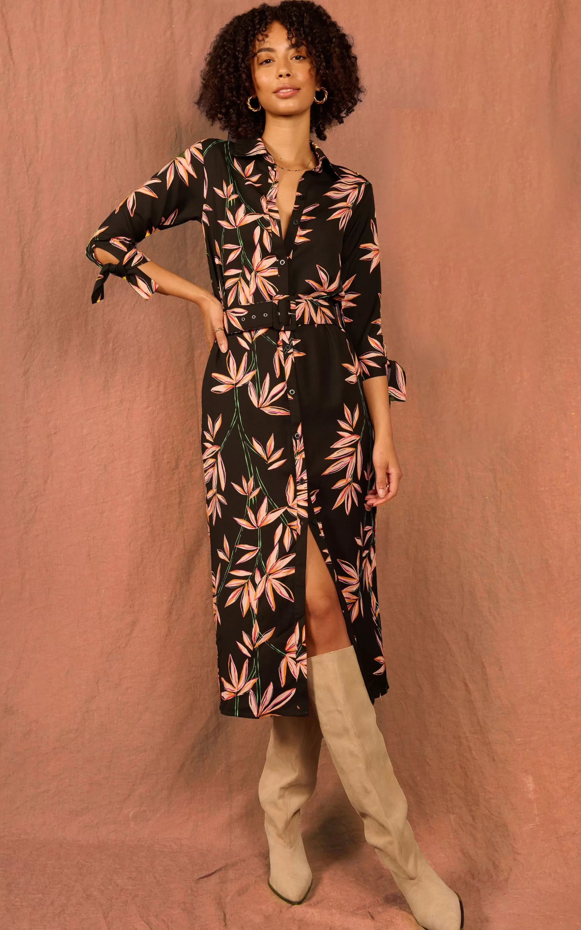 Dancing Leopard Alva Midi Shirt Dress In Bamboo Black Base>Women Dresses