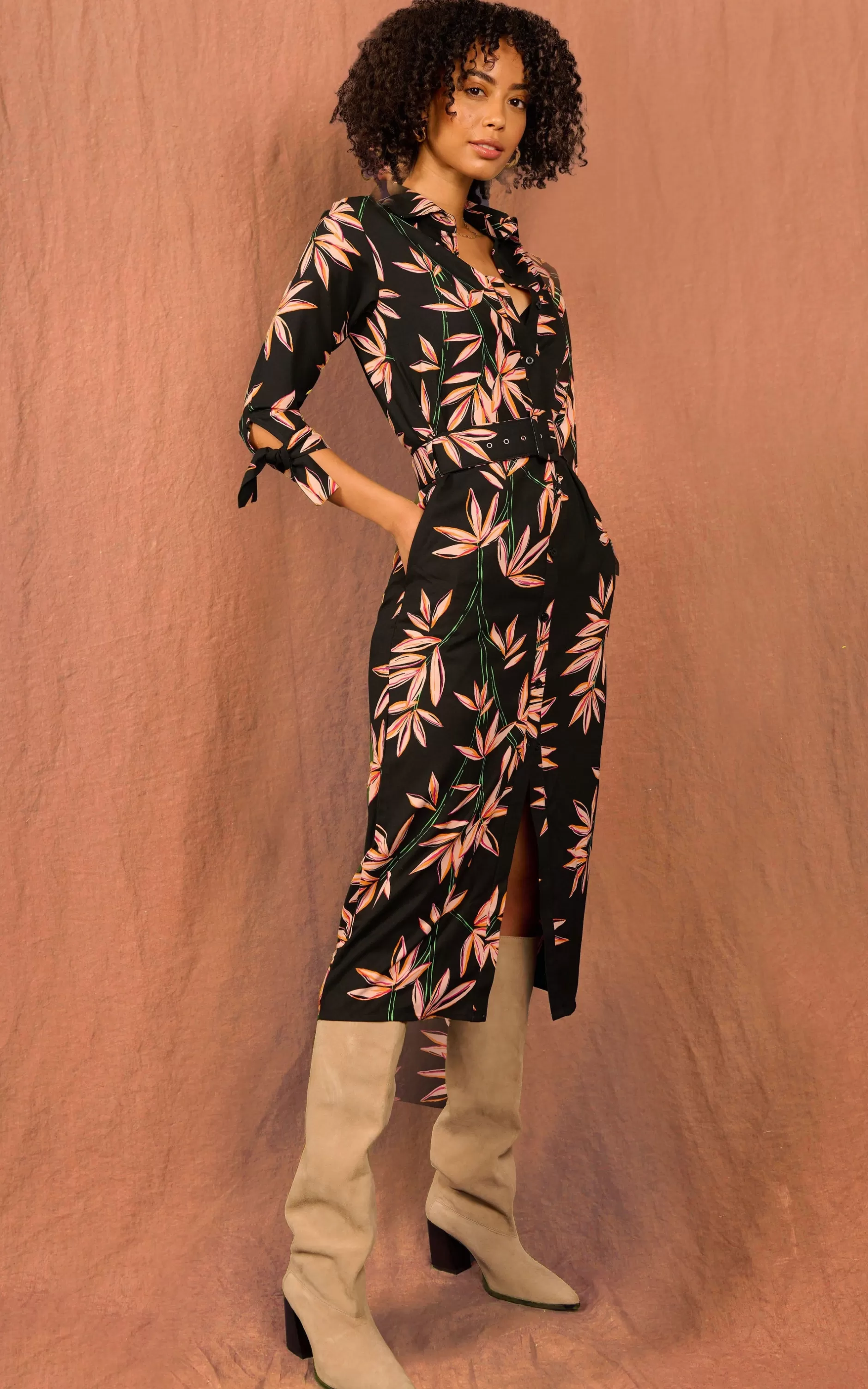Dancing Leopard Alva Midi Shirt Dress In Bamboo Black Base>Women Dresses