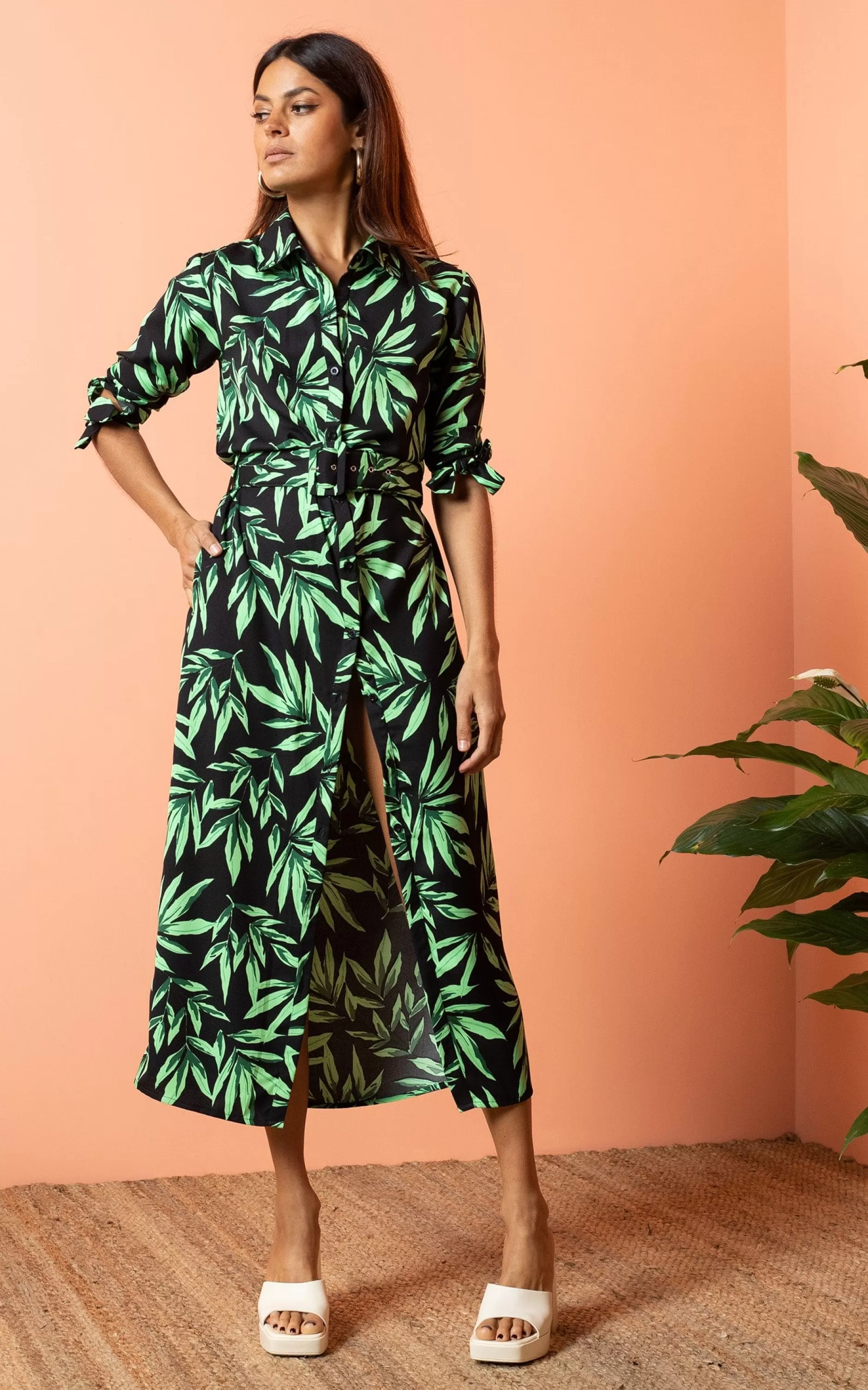 Dancing Leopard Alva Midi Shirt Dress In Tropic Green On Black>Women Dresses