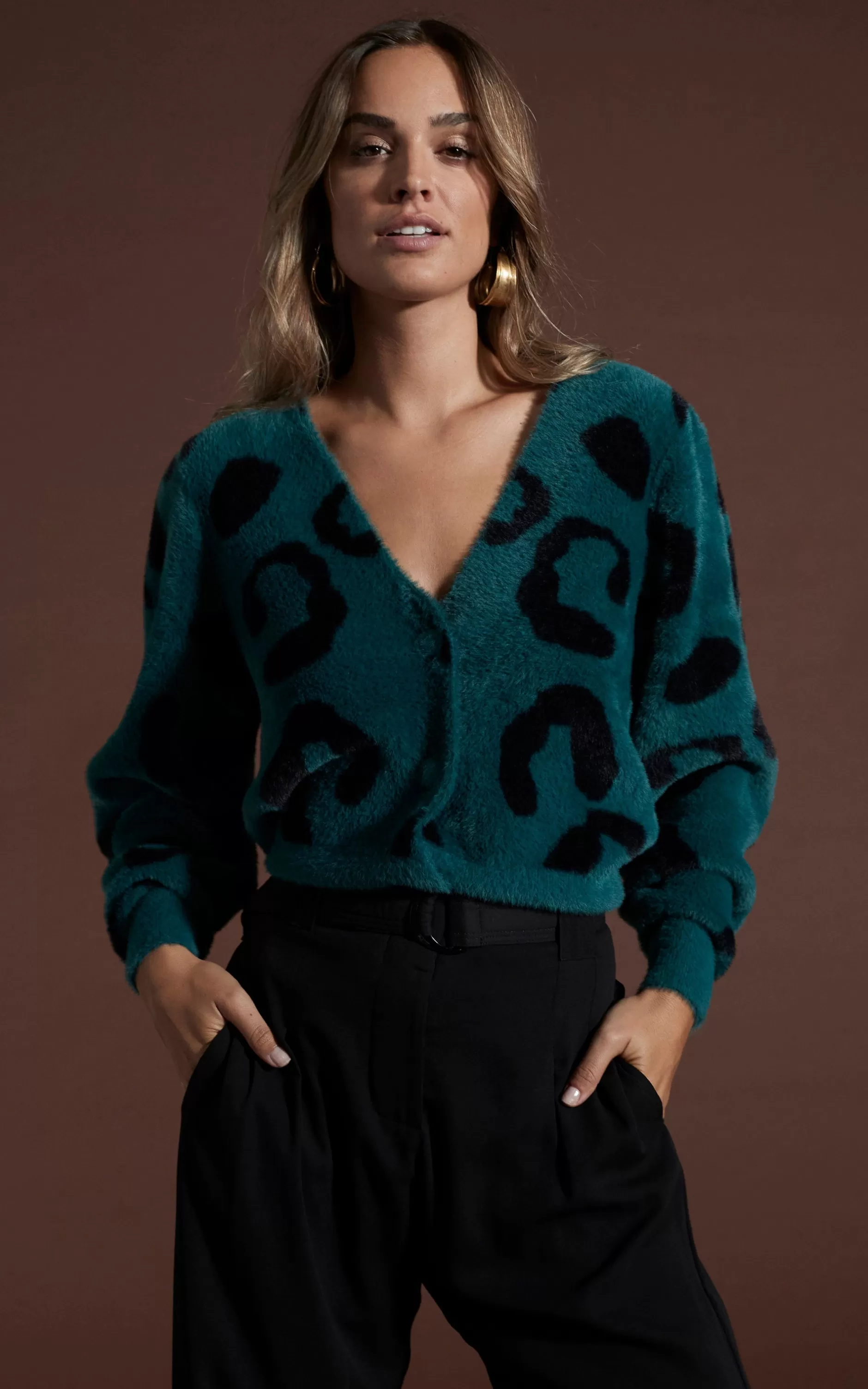 Dancing Leopard Bambino Cardigan In Black On Forest Green Leopard>Women Knitwear