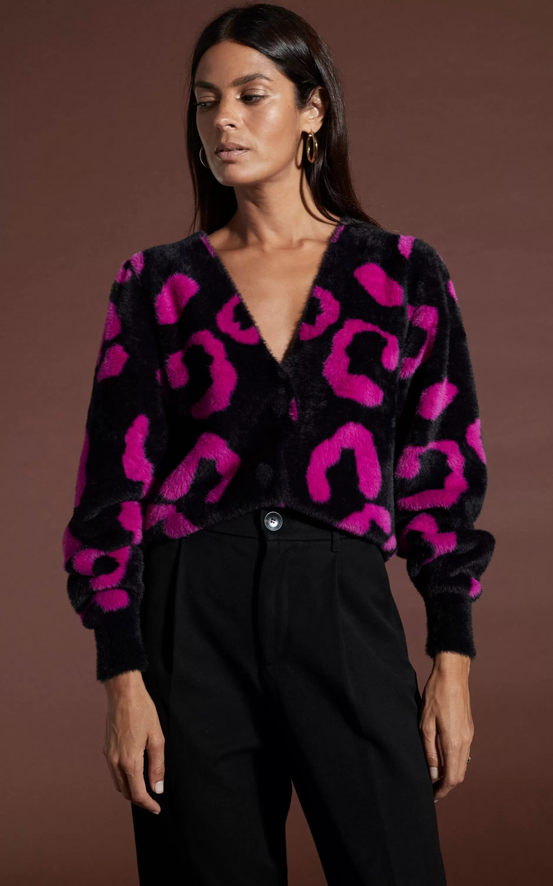 Dancing Leopard Bambino Cardigan In Cerise On Black Leopard>Women Knitwear