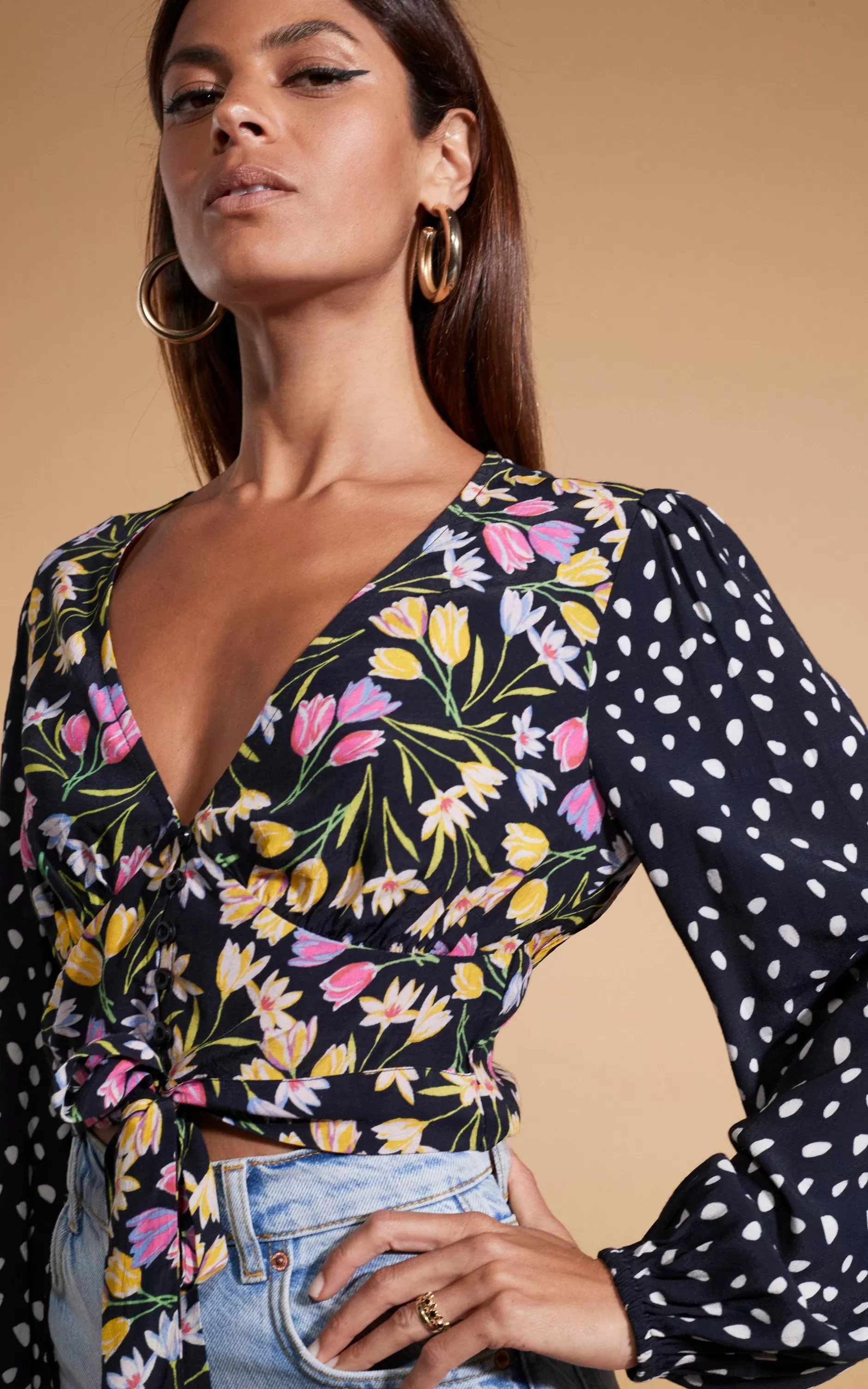 Dancing Leopard Betsy Tie Front Top In Citrus Tulip And Odd Dot Mix>Women Tops
