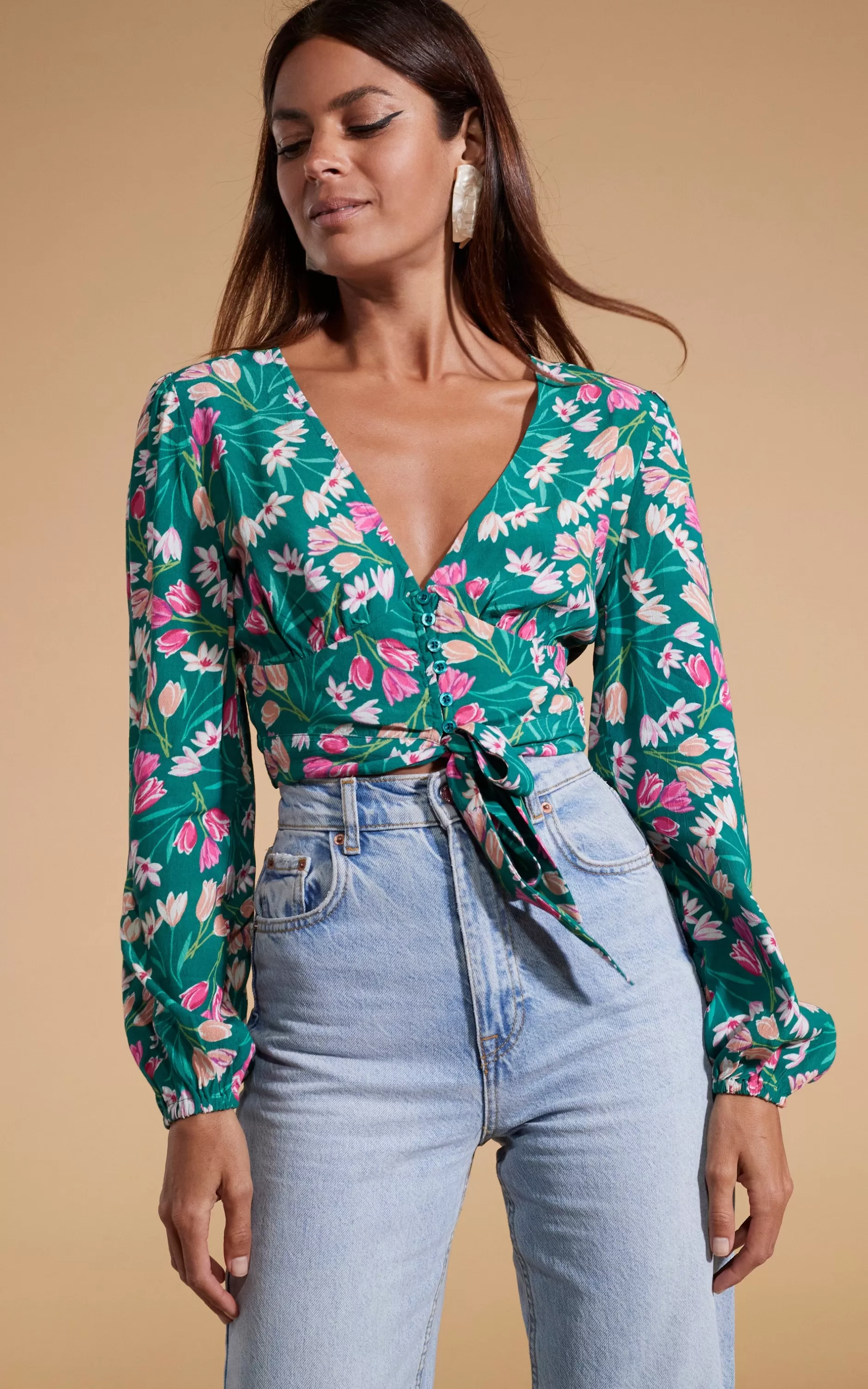 Dancing Leopard Betsy Tie Front Top In Green Tulip>Women Tops
