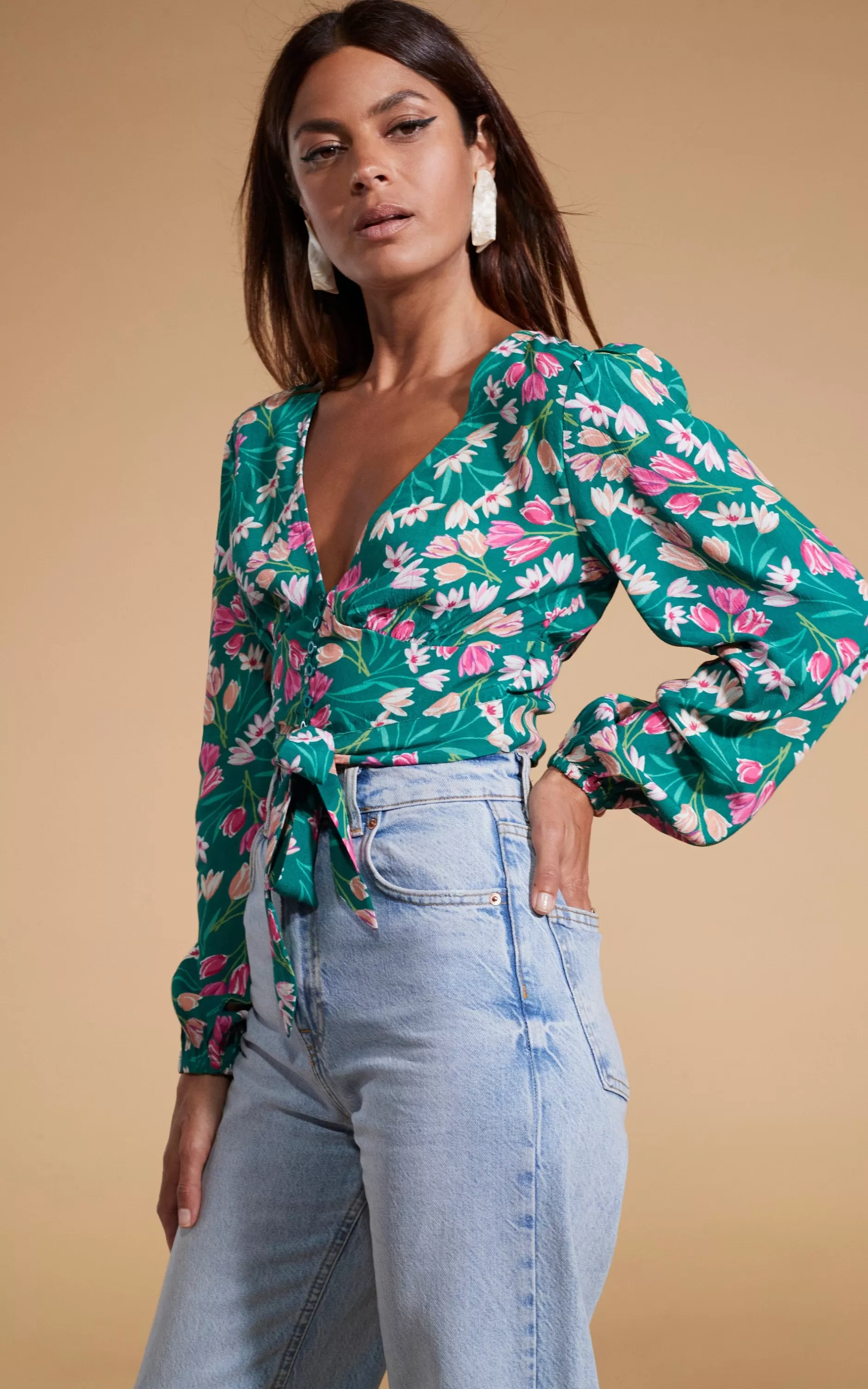 Dancing Leopard Betsy Tie Front Top In Green Tulip>Women Tops