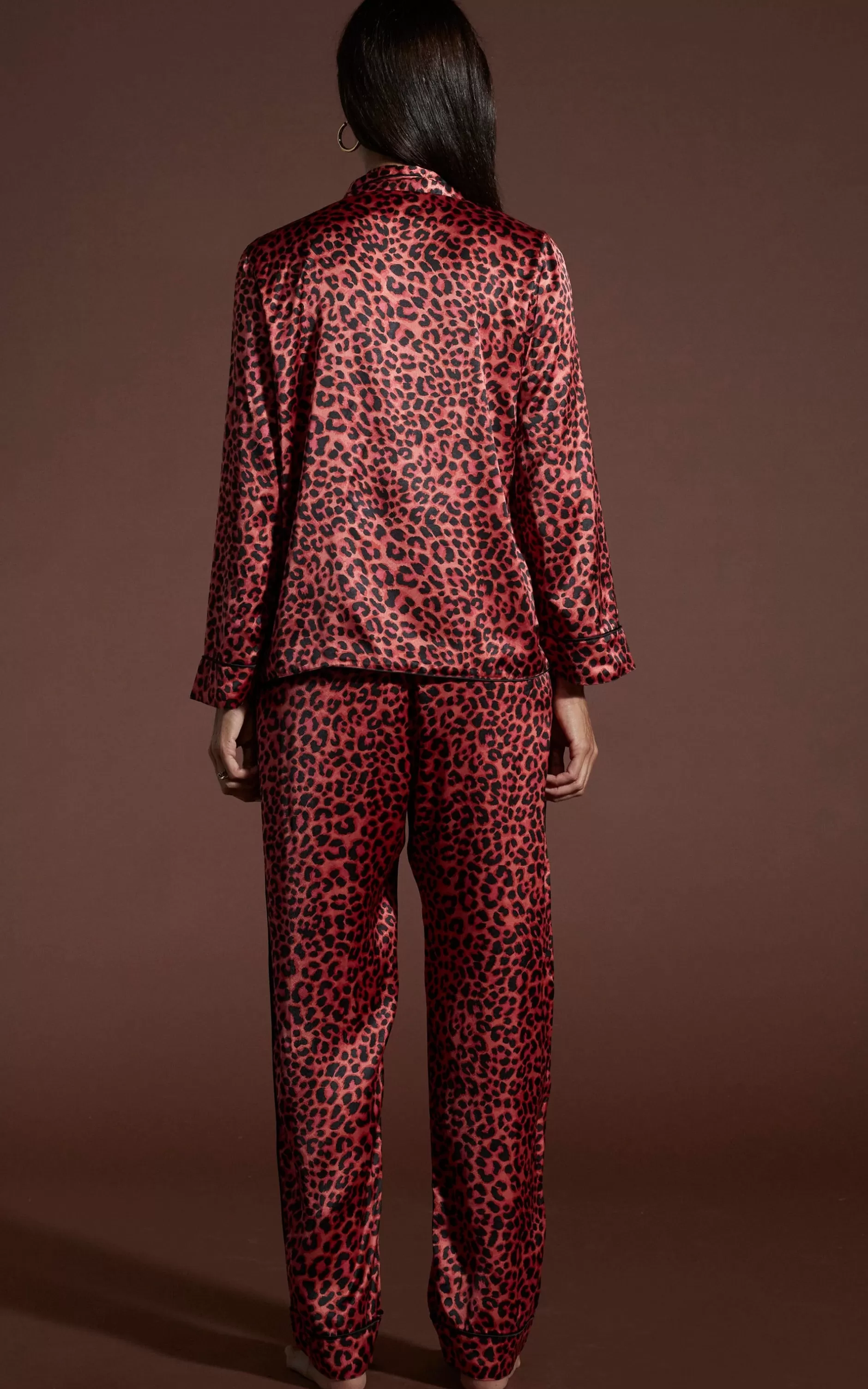 Dancing Leopard Cosmos Satin Long Leg Pj Set In Ruby Red Leopard>Women Pyjamas