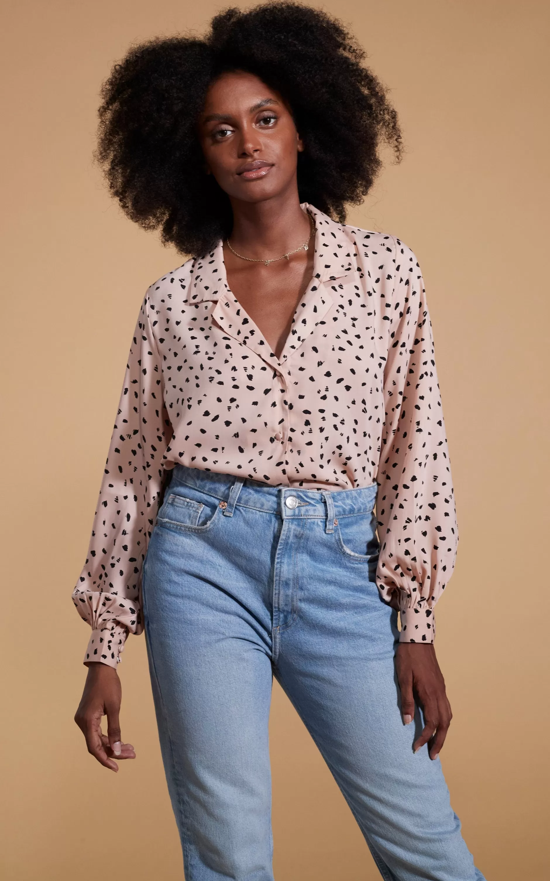 Dancing Leopard Dixie Balloon Sleeve Shirt In Abstract Black On Beige>Women Shirts