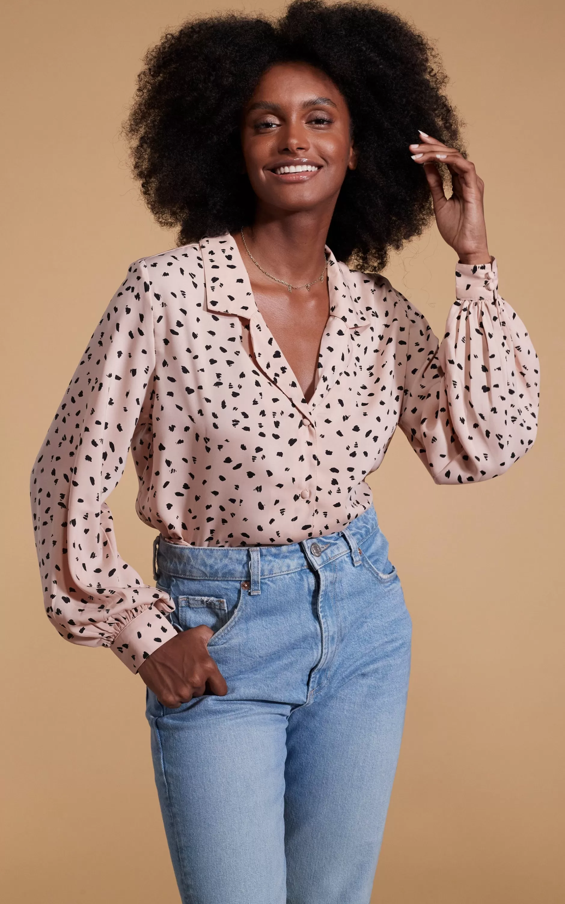 Dancing Leopard Dixie Balloon Sleeve Shirt In Abstract Black On Beige>Women Shirts