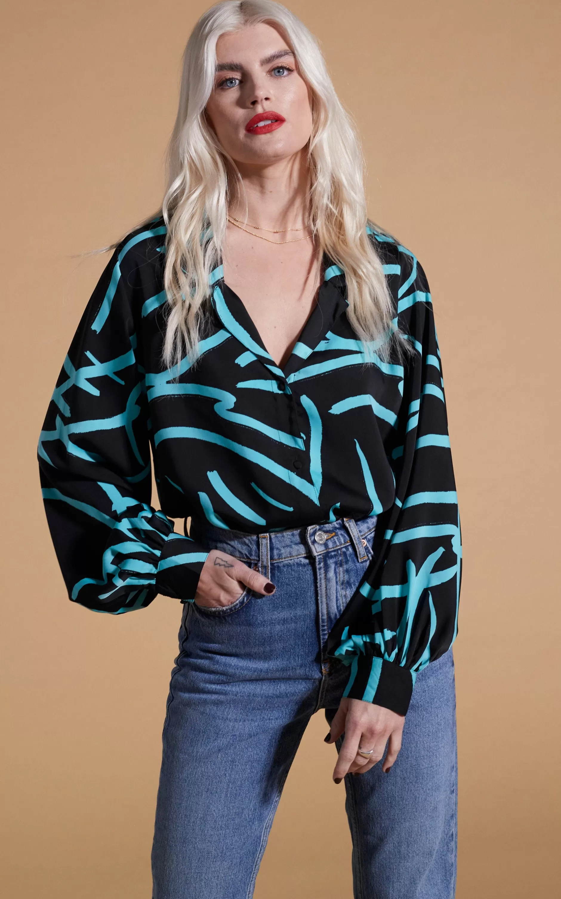 Dancing Leopard Dixie Balloon Sleeve Shirt In Blue Strokes On Black>Women Shirts
