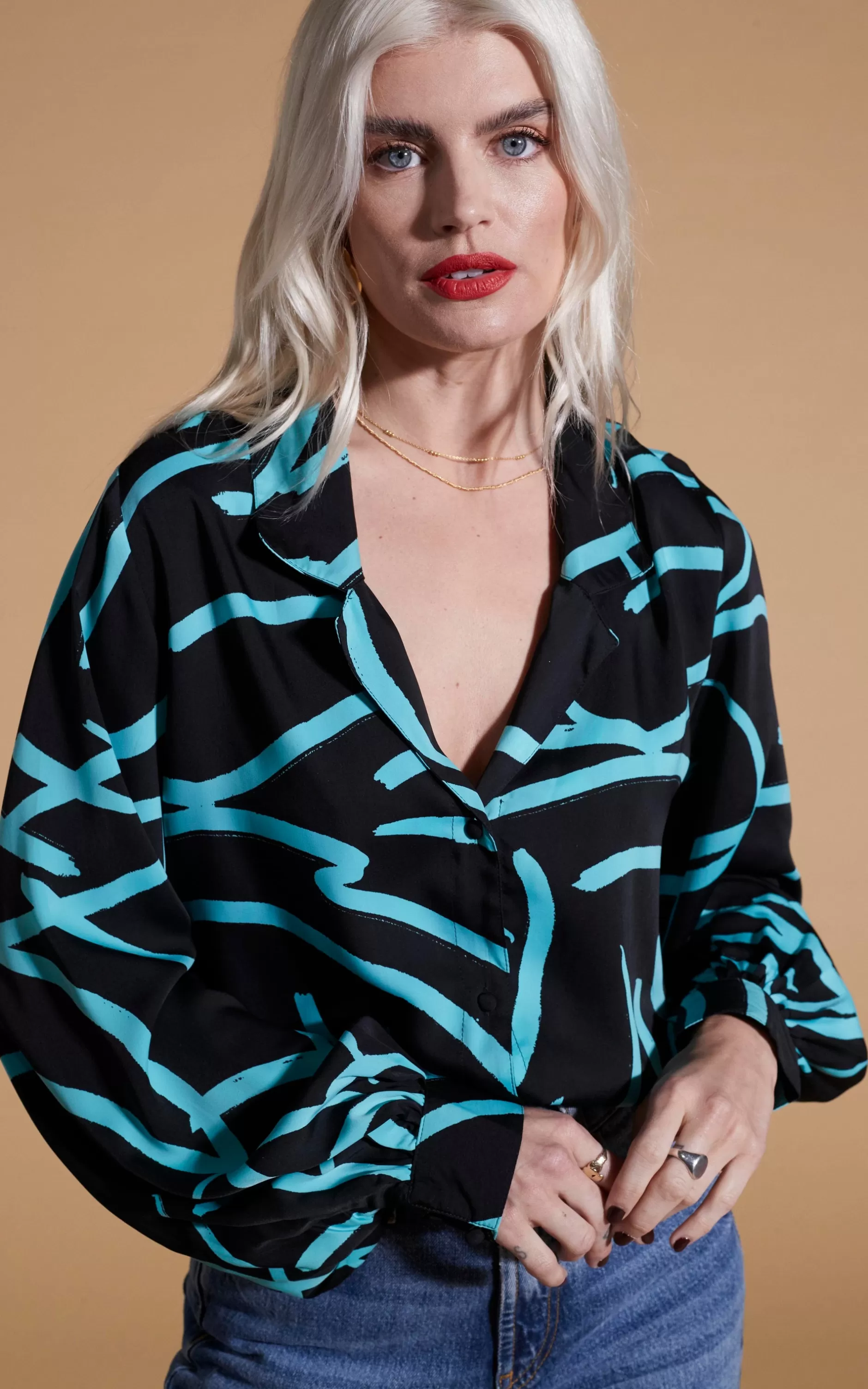 Dancing Leopard Dixie Balloon Sleeve Shirt In Blue Strokes On Black>Women Shirts