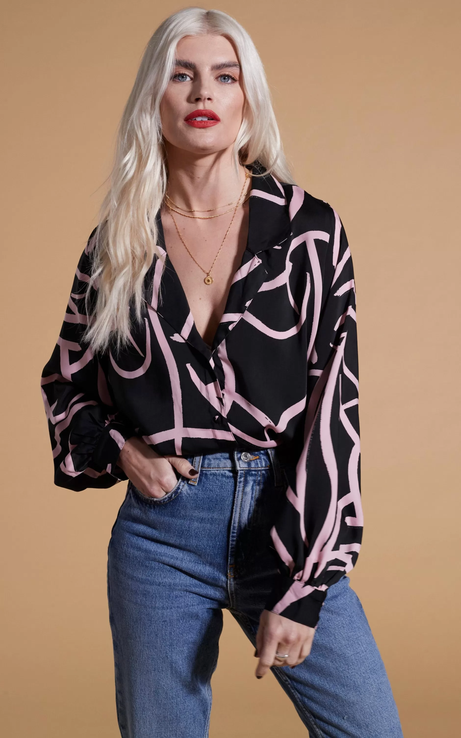 Dancing Leopard Dixie Balloon Sleeve Shirt In Pink Strokes On Black>Women Shirts