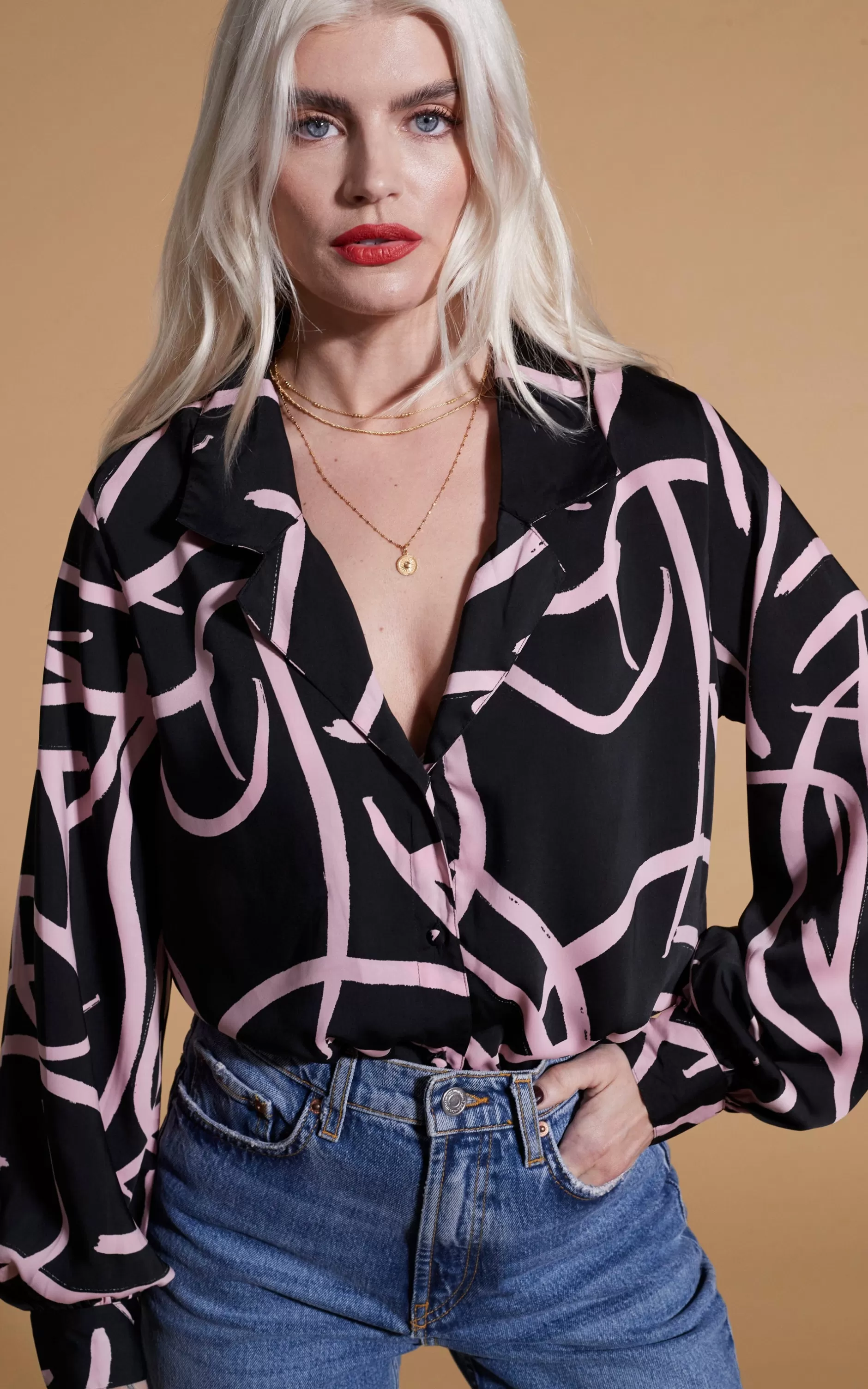 Dancing Leopard Dixie Balloon Sleeve Shirt In Pink Strokes On Black>Women Shirts