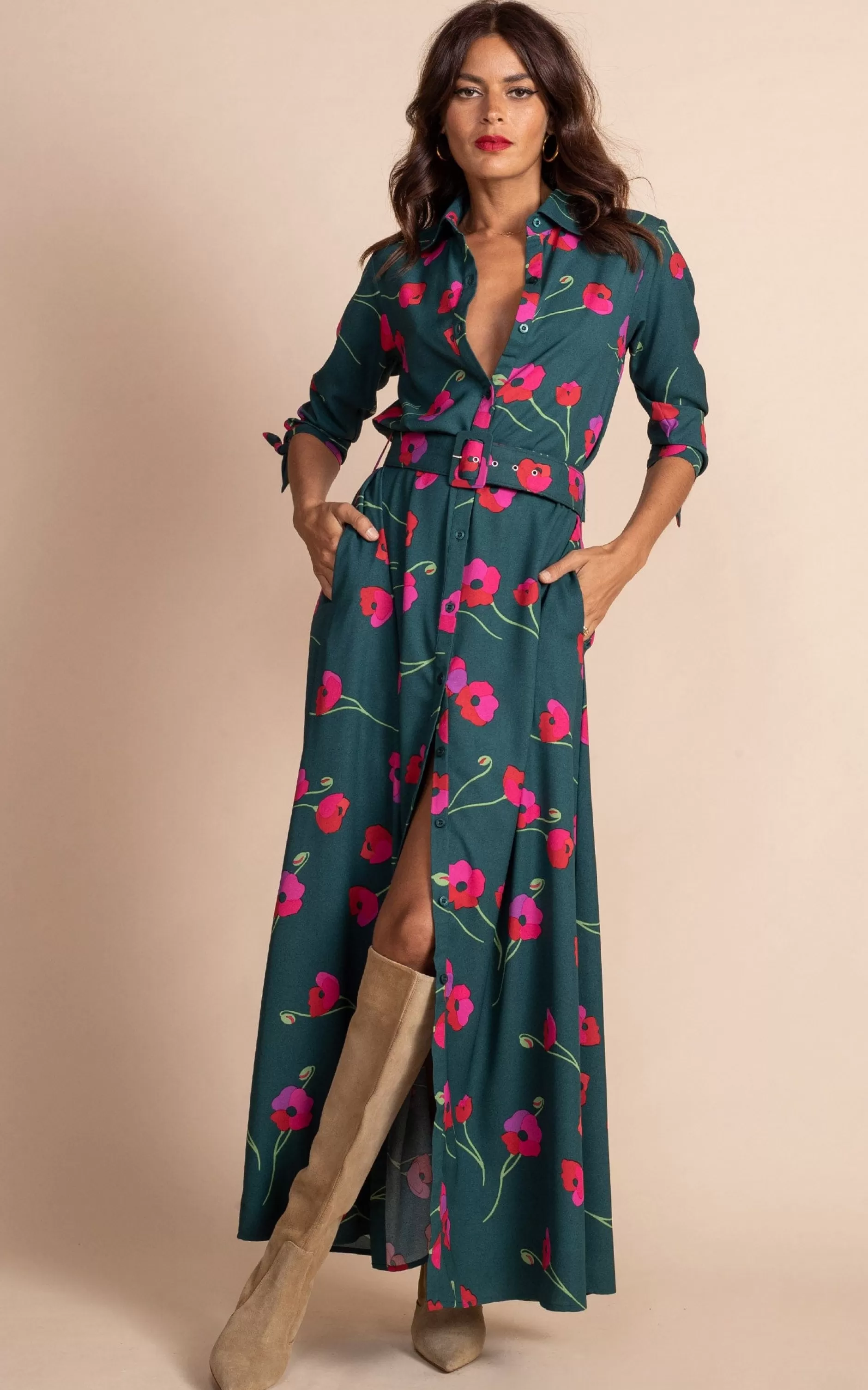 Dancing Leopard Dove Dress In Poppies On Dark Green>Women Dresses