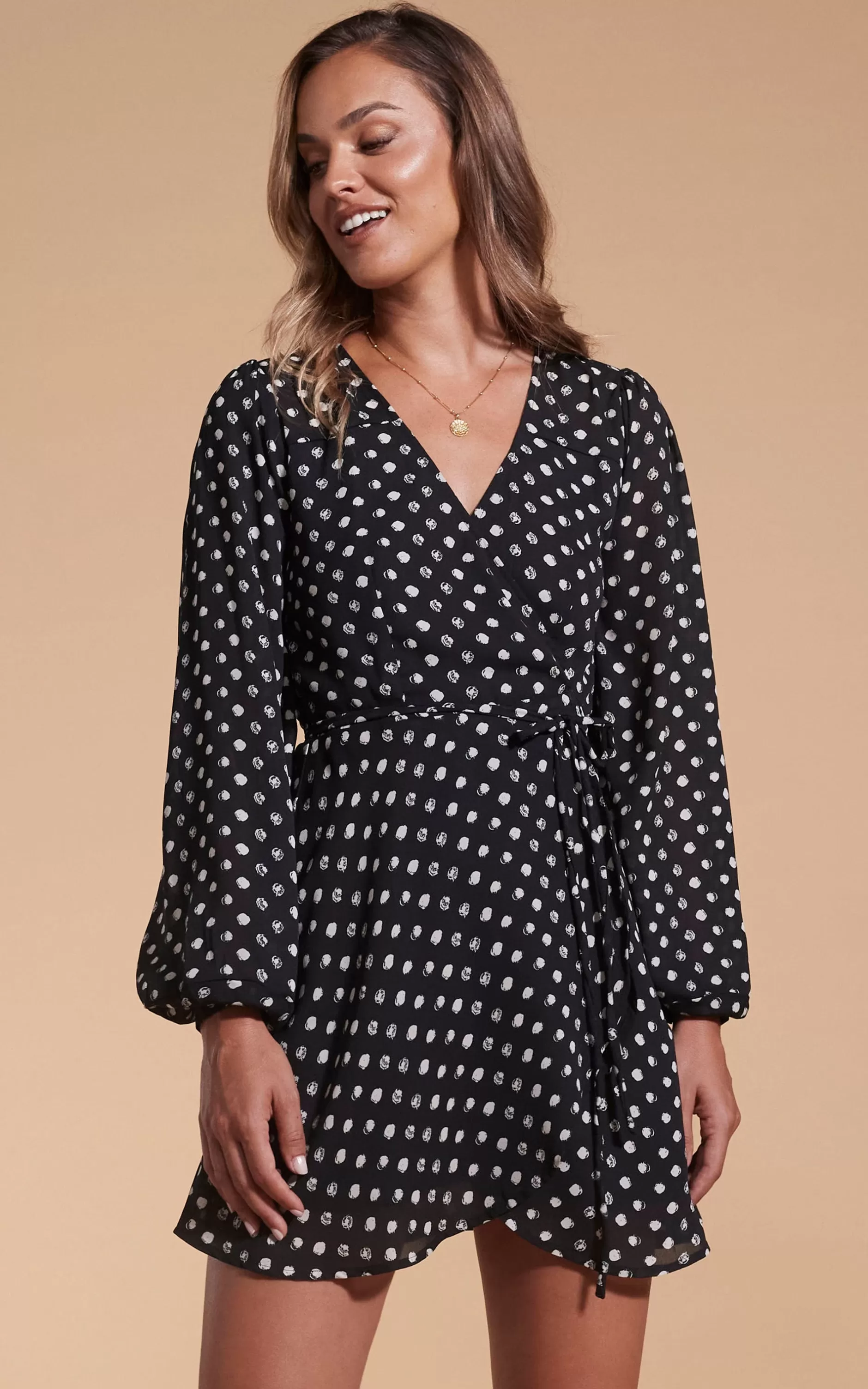 Dancing Leopard Ginger Mini Wrap Dress In Black Polka Dot>Women Dresses