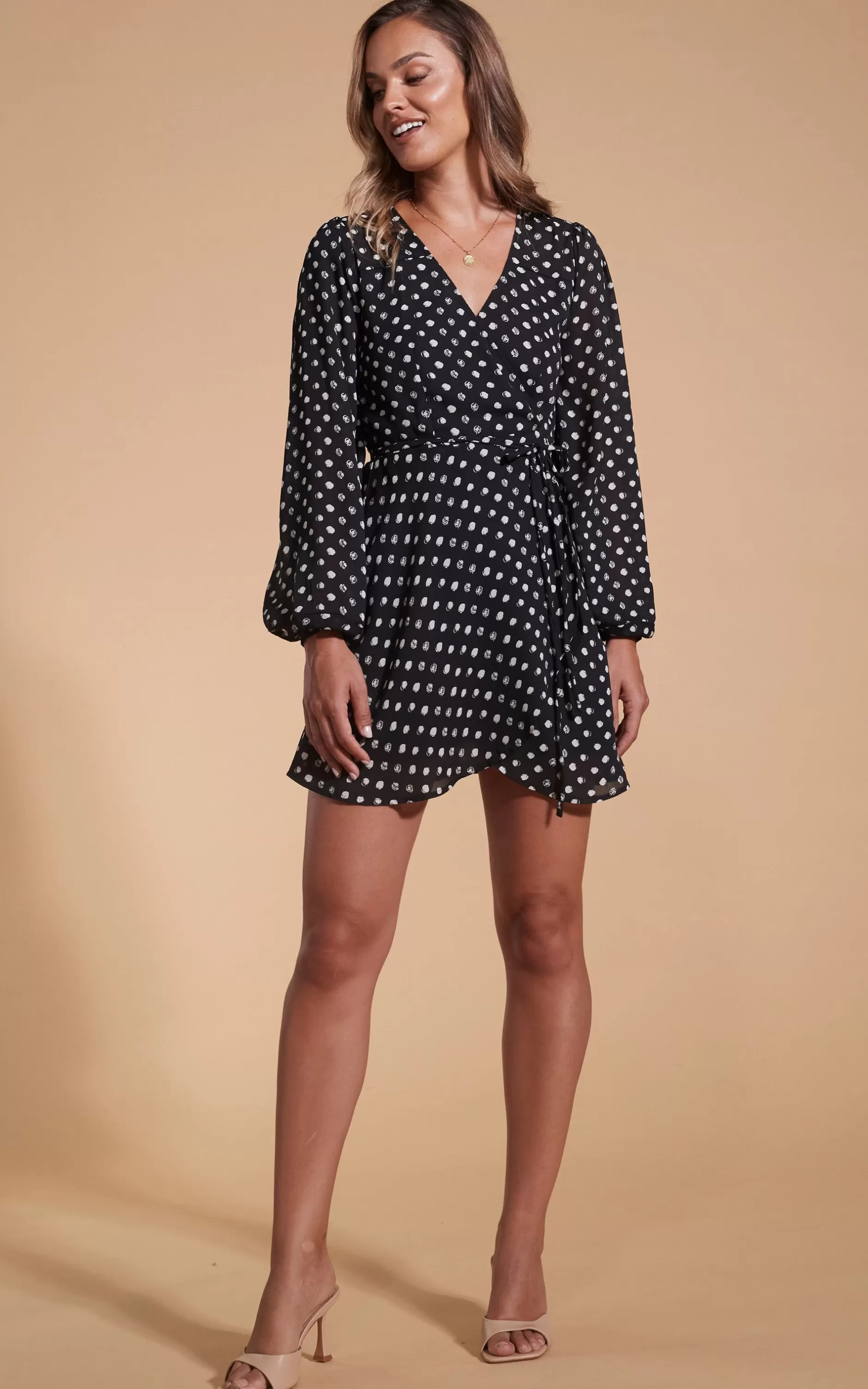Dancing Leopard Ginger Mini Wrap Dress In Black Polka Dot>Women Dresses