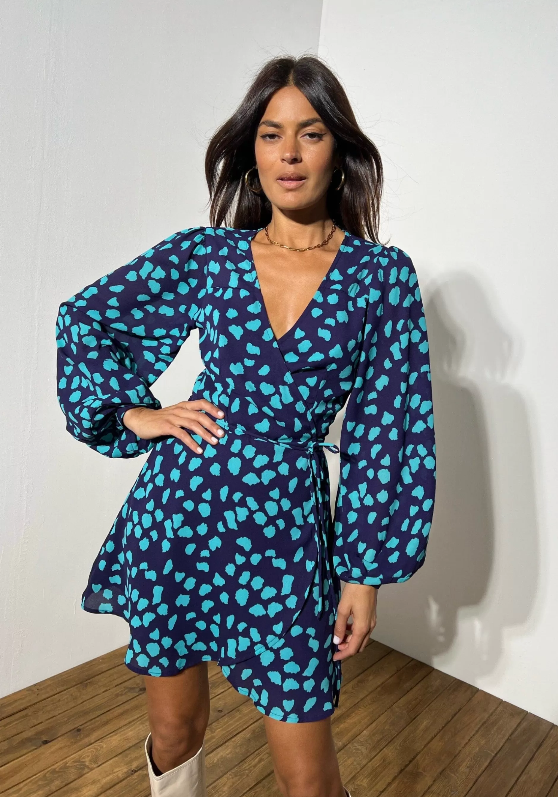 Dancing Leopard Ginger Mini Wrap Dress In Ice Blue On Navy Cloud>Women Dresses