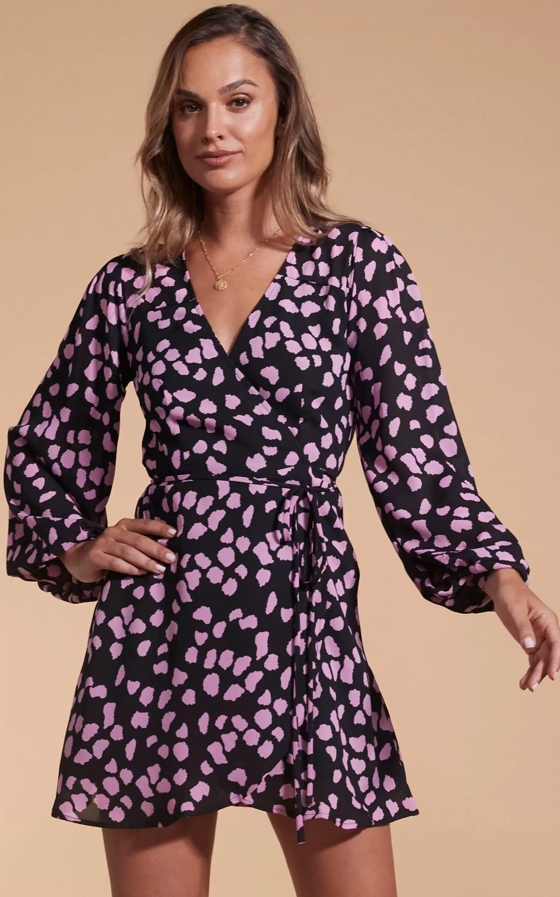 Dancing Leopard Ginger Mini Wrap Dress In Pink On Black Cloud>Women Dresses