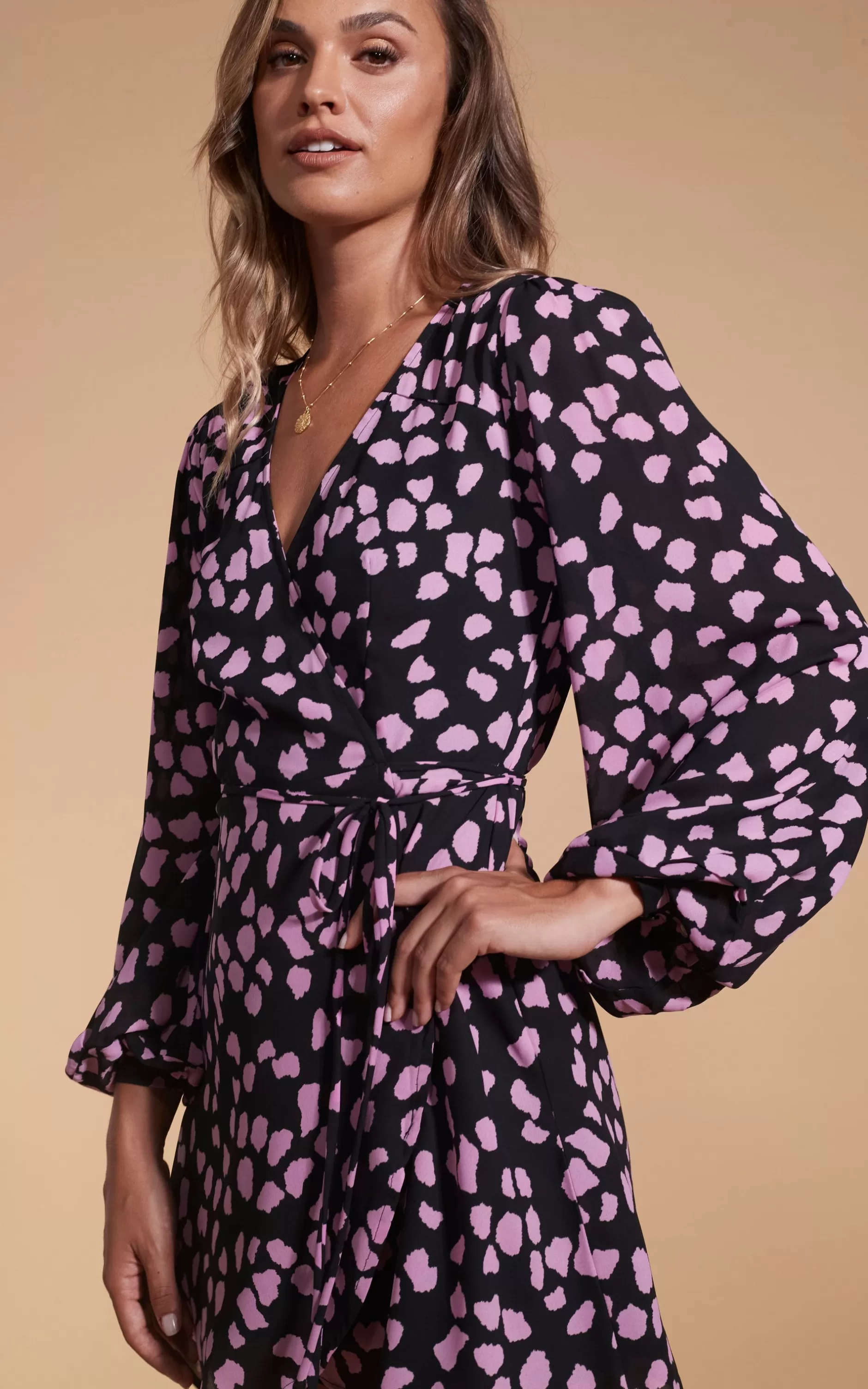 Dancing Leopard Ginger Mini Wrap Dress In Pink On Black Cloud>Women Dresses