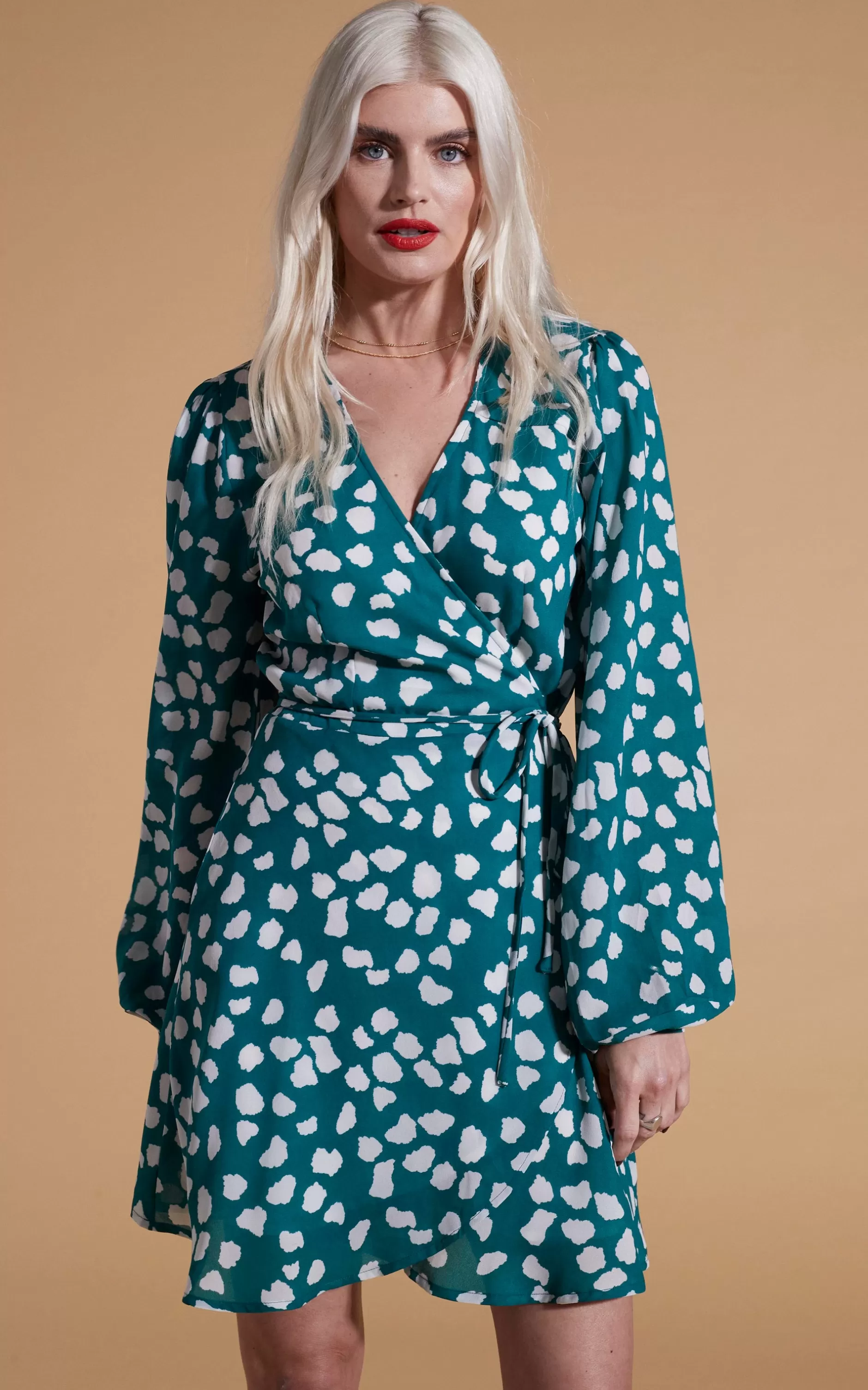 Dancing Leopard Ginger Mini Wrap Dress In White On Green Cloud>Women Dresses