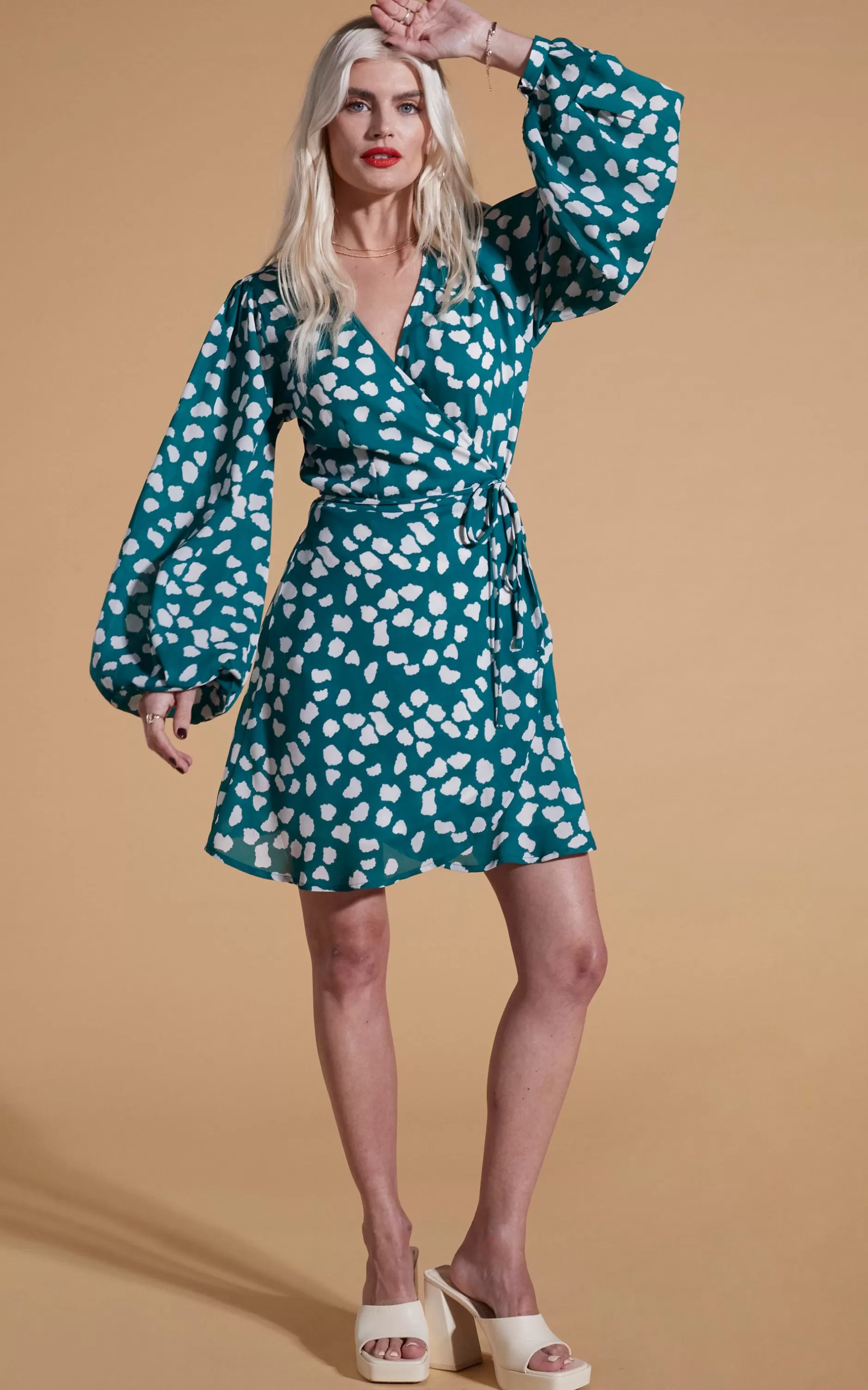 Dancing Leopard Ginger Mini Wrap Dress In White On Green Cloud>Women Dresses