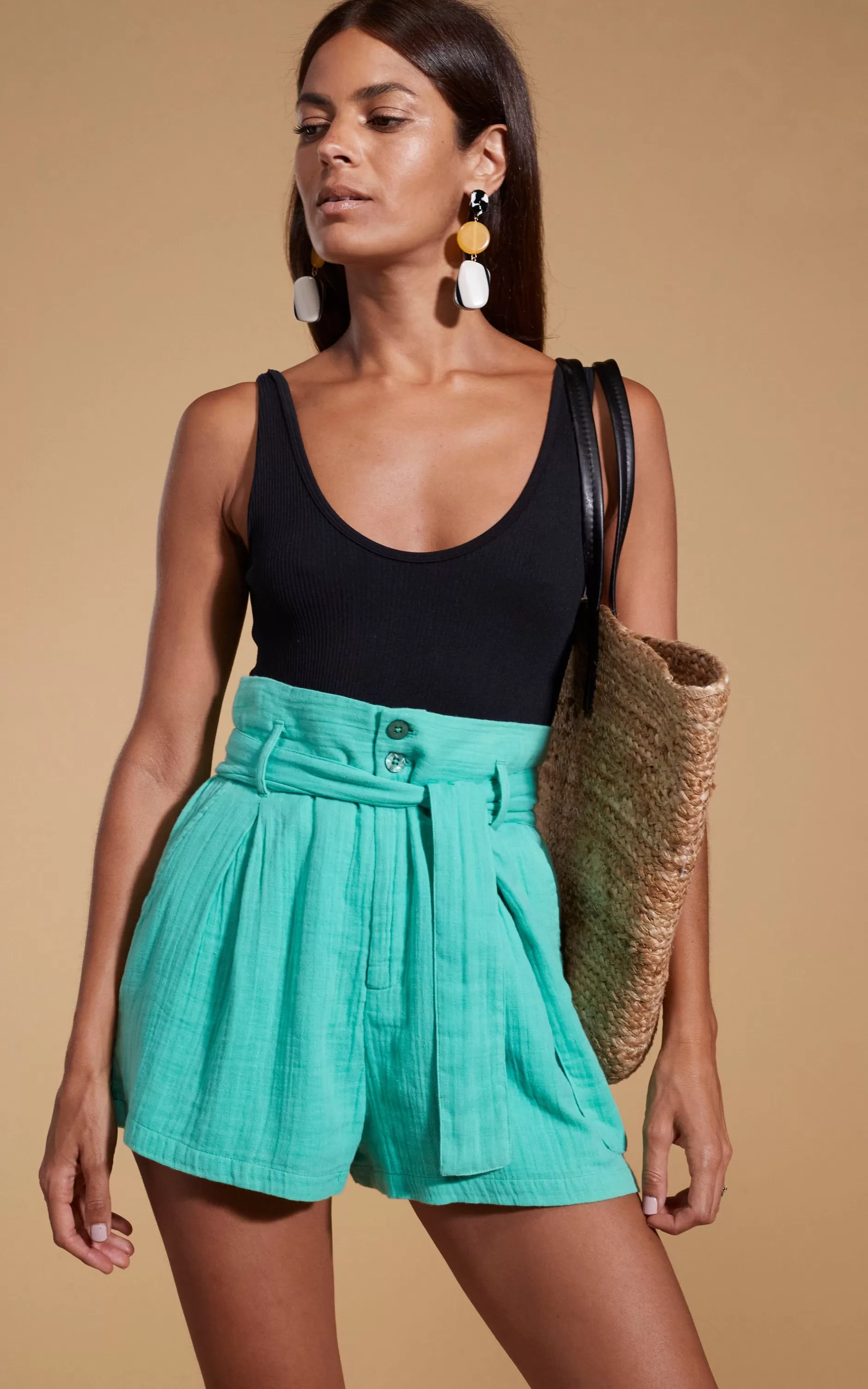 Dancing Leopard Halo Nessie High-Waist Shorts In Mint Green>Women Shorts