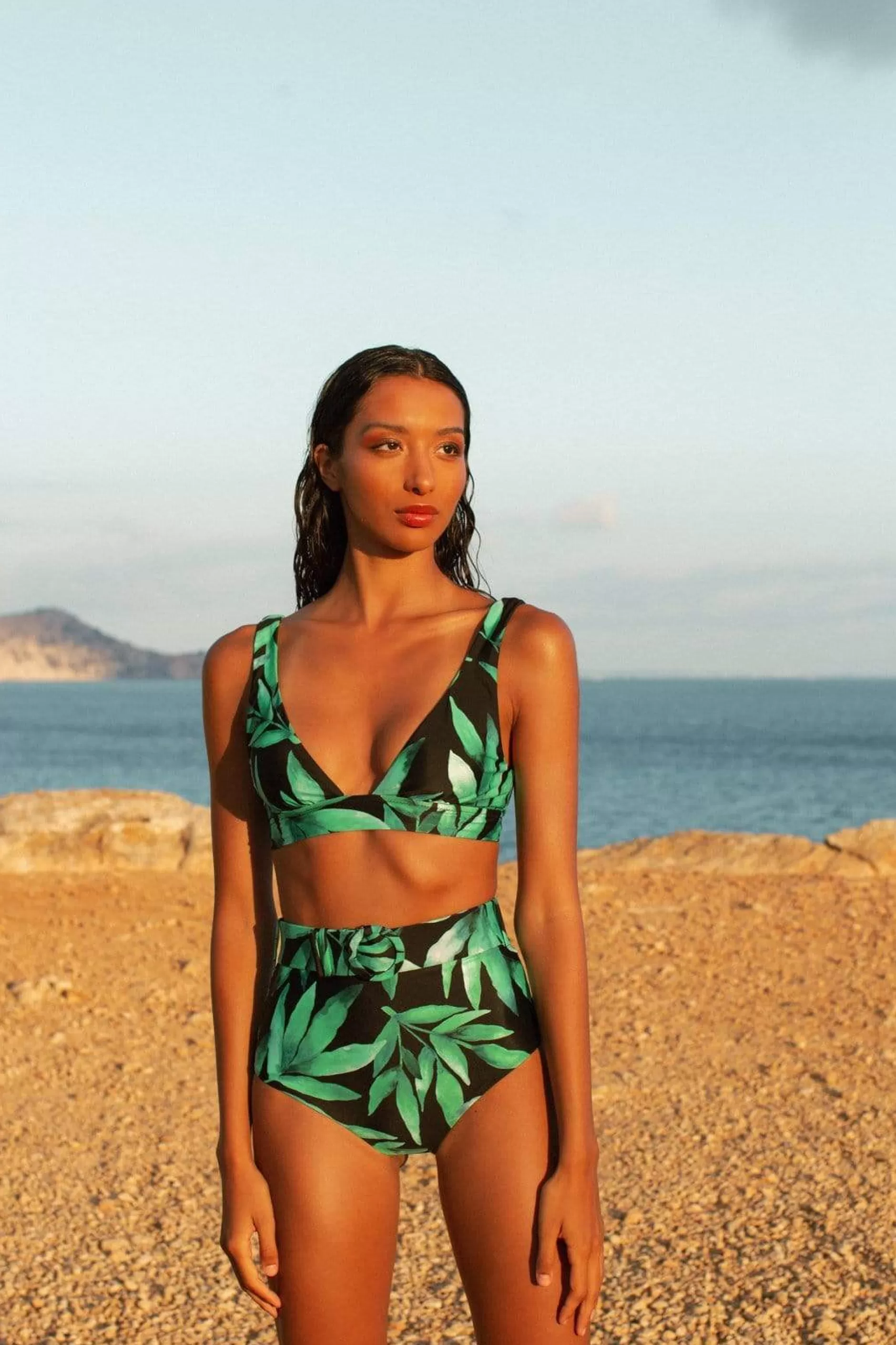 Dancing Leopard Halo Tamika Bikini Vest Top In Watercolour Green Leaf>Women Swimwear