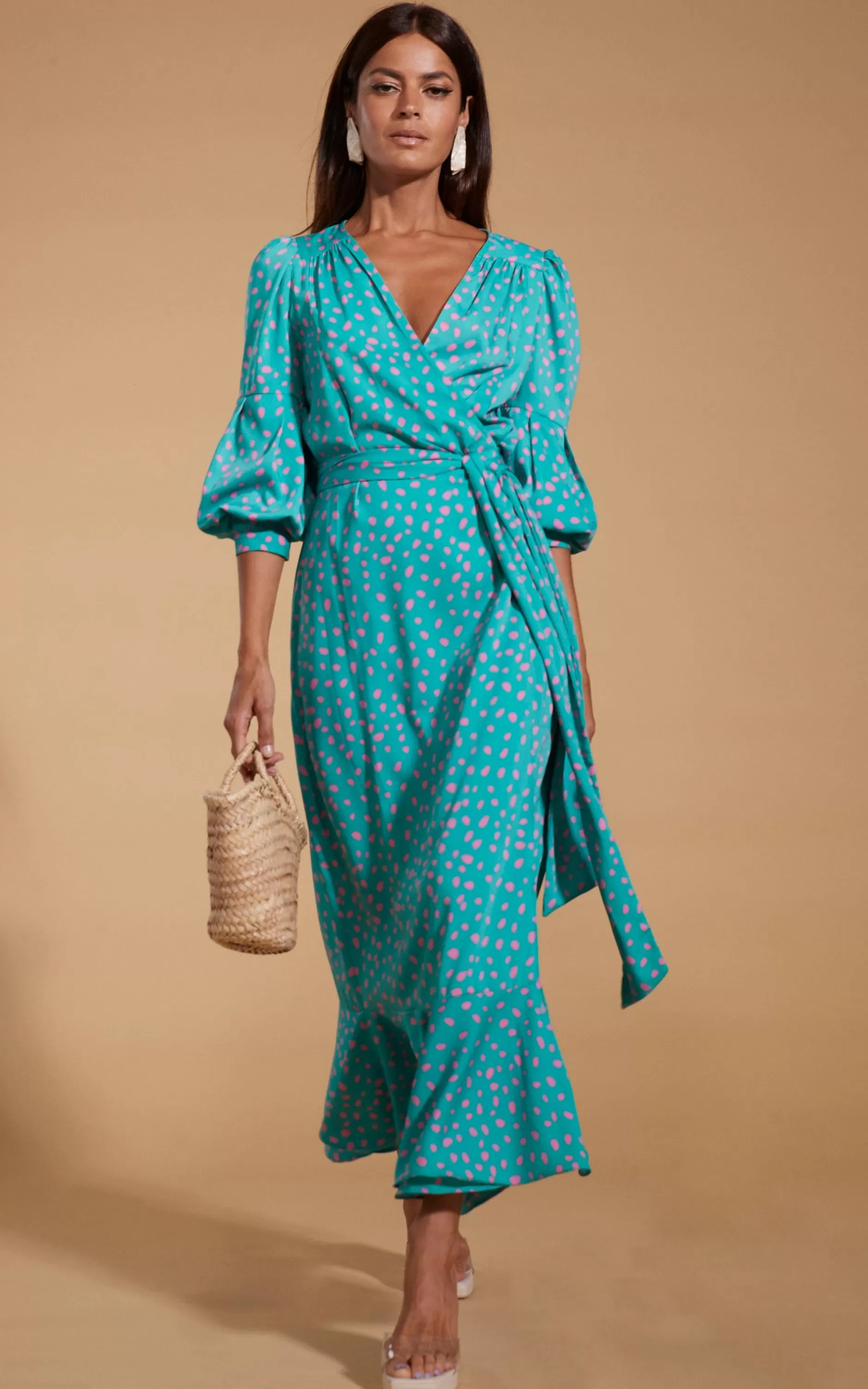 Dancing Leopard Havannah Maxi Wrap Dress In Abstract Pink On Sea Green>Women Dresses