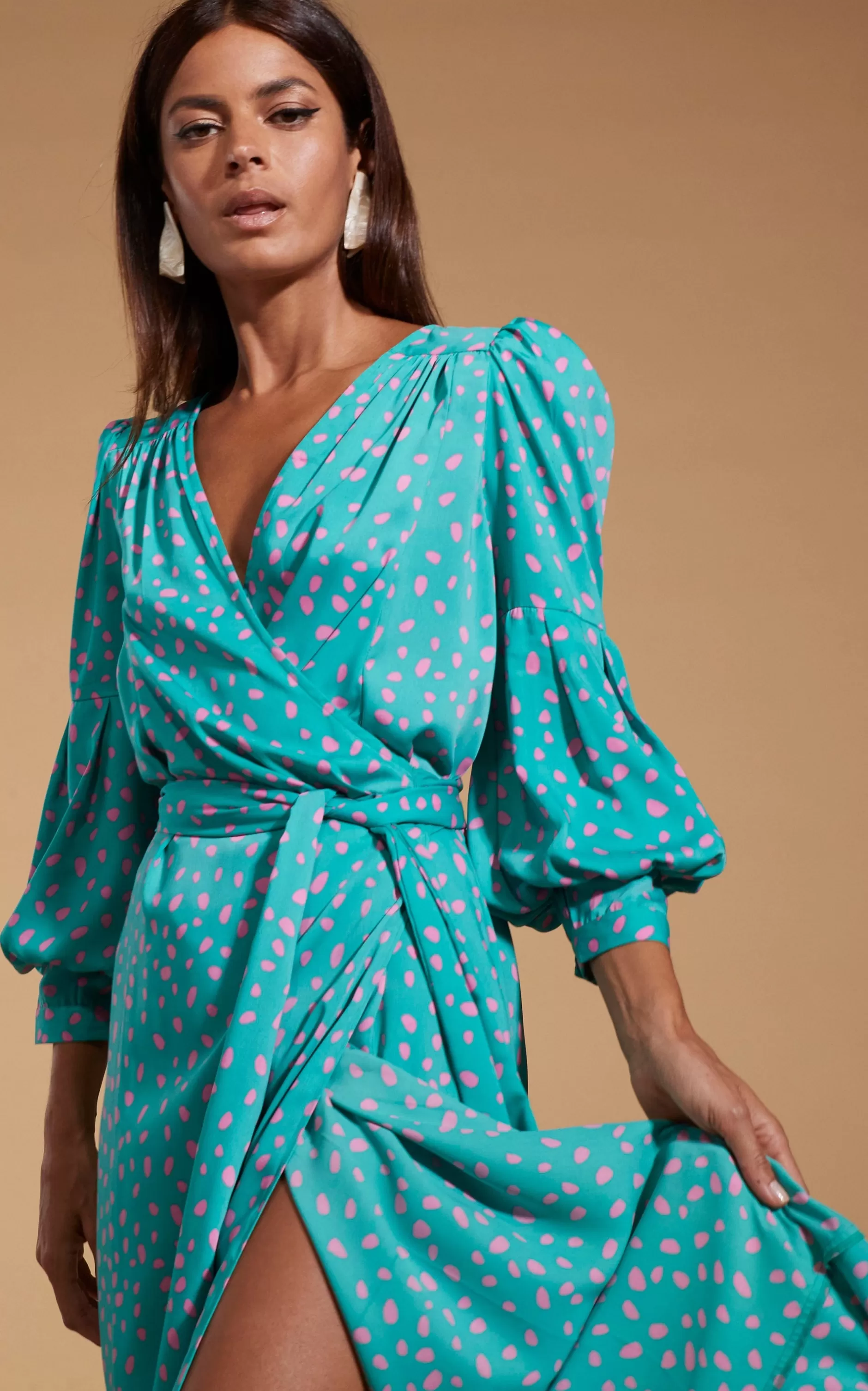 Dancing Leopard Havannah Maxi Wrap Dress In Abstract Pink On Sea Green>Women Dresses
