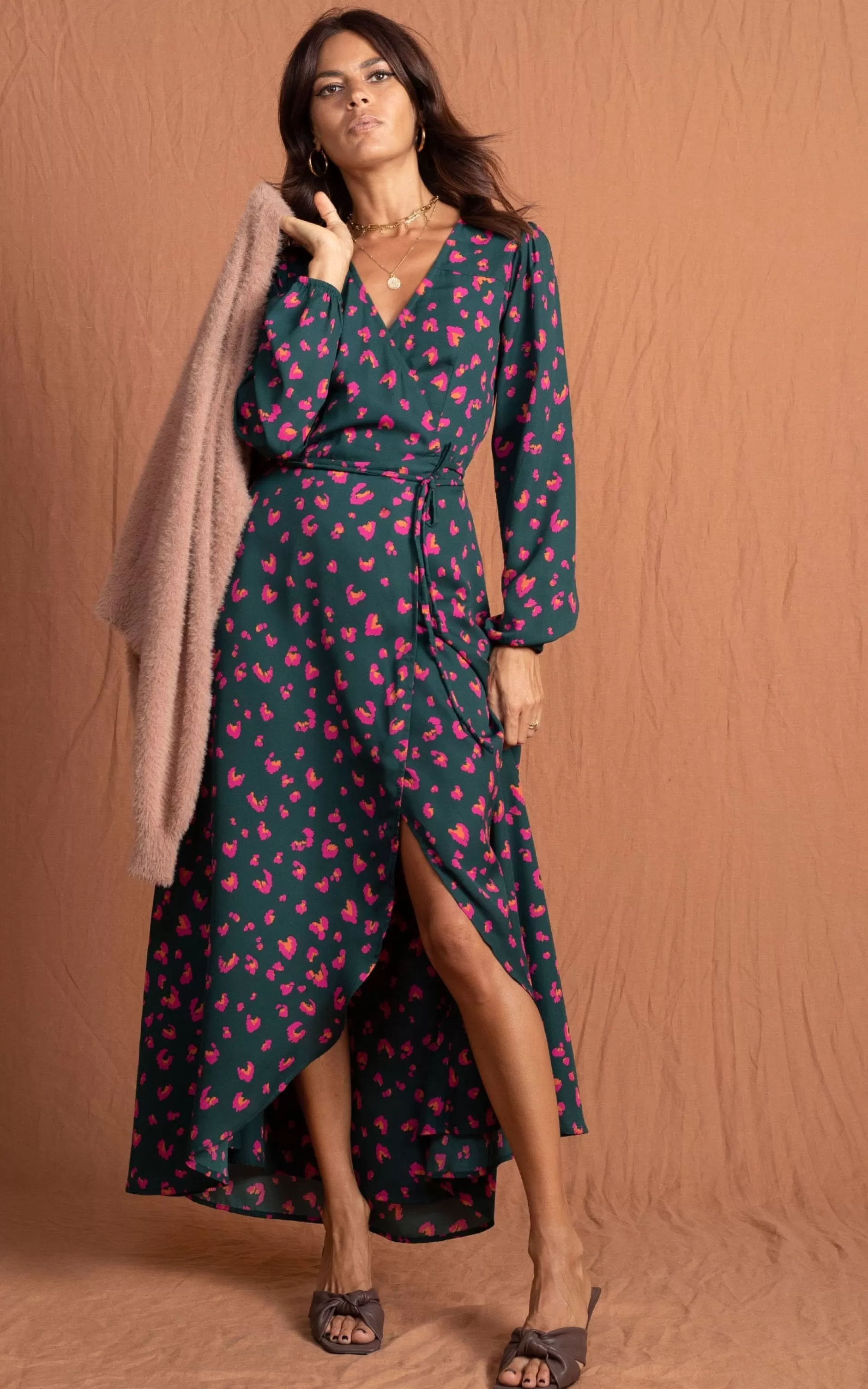 Dancing Leopard Jagger Maxi Dress In Abstract Pink On Green>Women Dresses