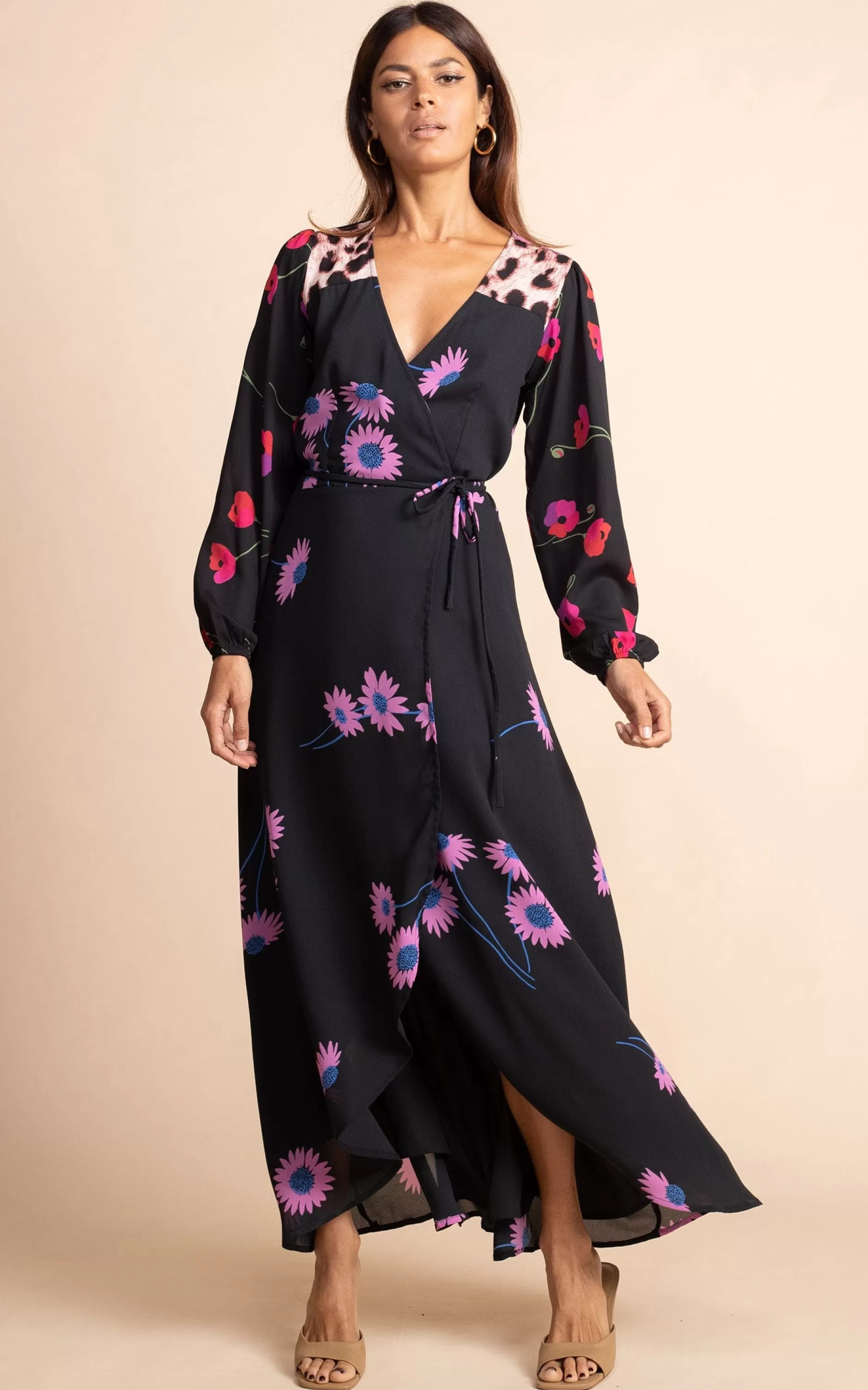 Dancing Leopard Jagger Maxi Wrap Dress In Pink Daisy On Black Mix>Women Dresses