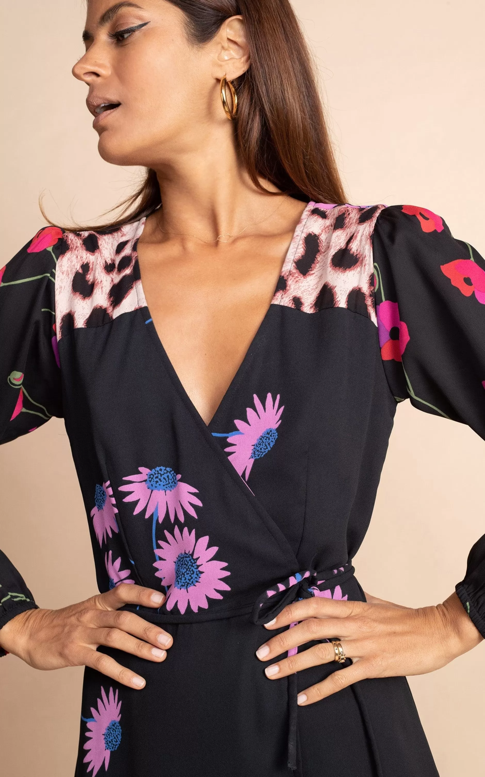 Dancing Leopard Jagger Maxi Wrap Dress In Pink Daisy On Black Mix>Women Dresses