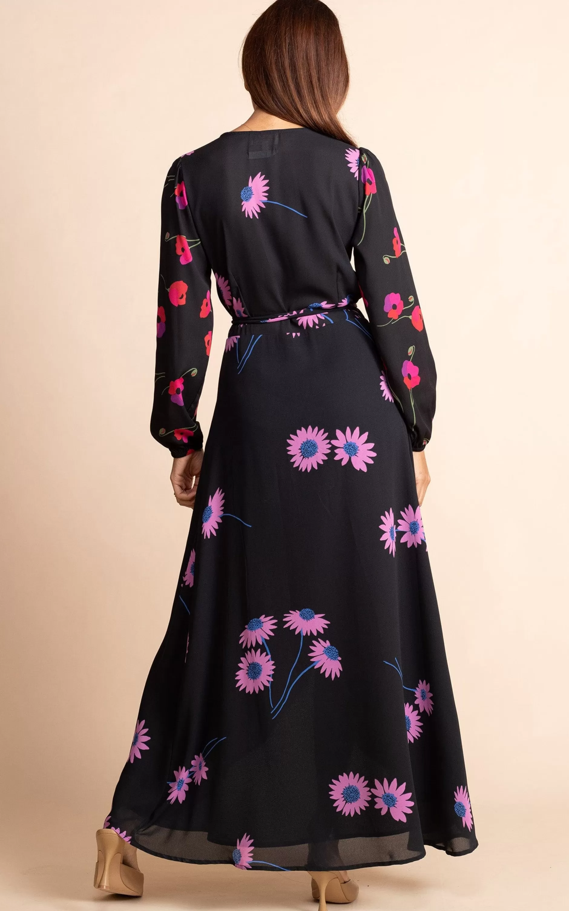 Dancing Leopard Jagger Maxi Wrap Dress In Pink Daisy On Black Mix>Women Dresses