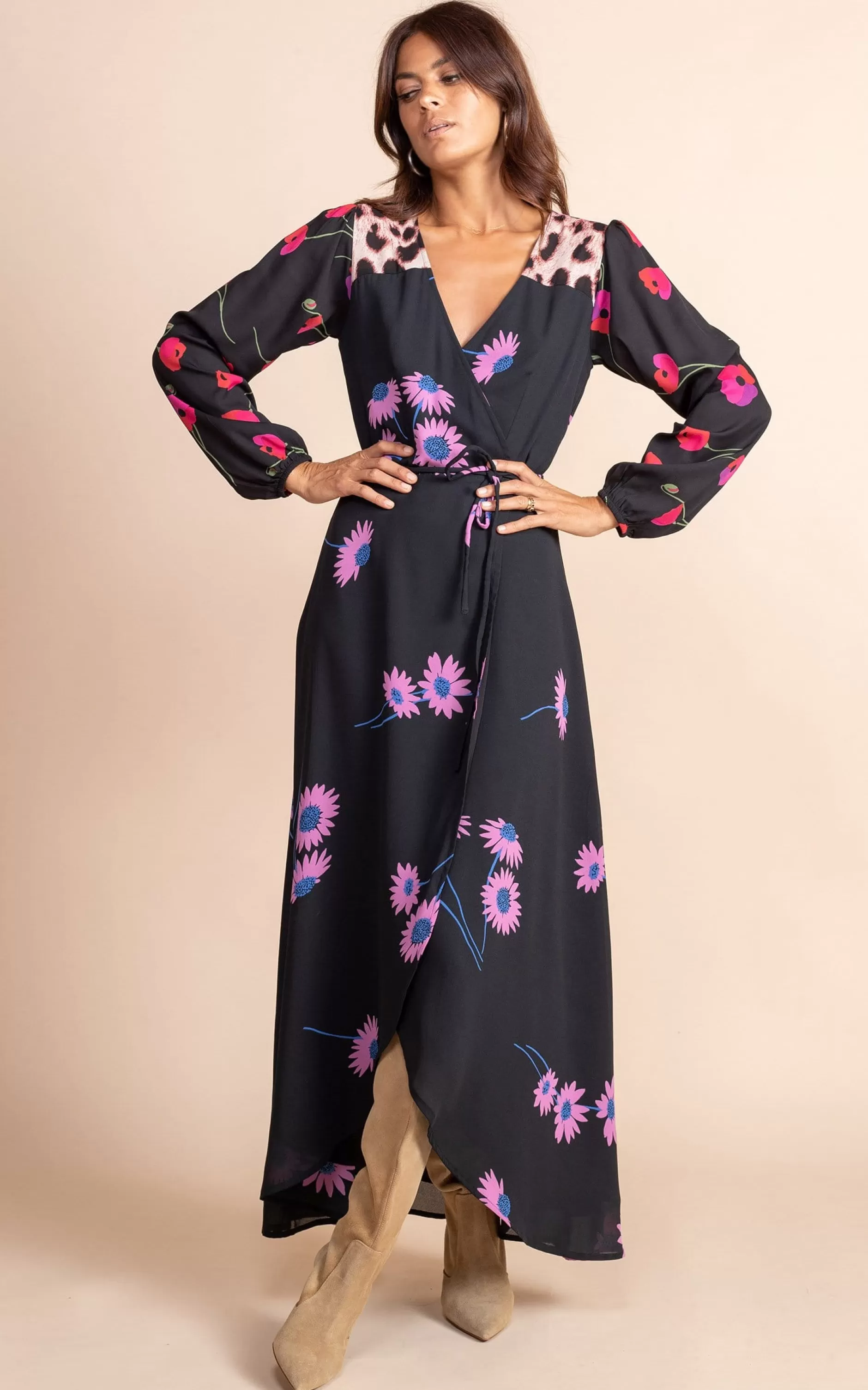 Dancing Leopard Jagger Maxi Wrap Dress In Pink Daisy On Black Mix>Women Dresses