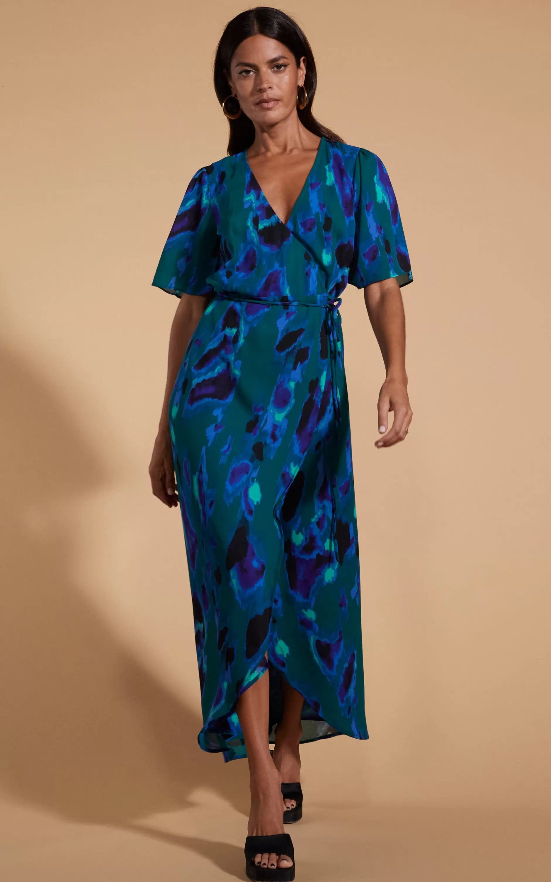 Dancing Leopard Jenna Maxi Dress In Abstract Camo Blue On Green>Women Dresses