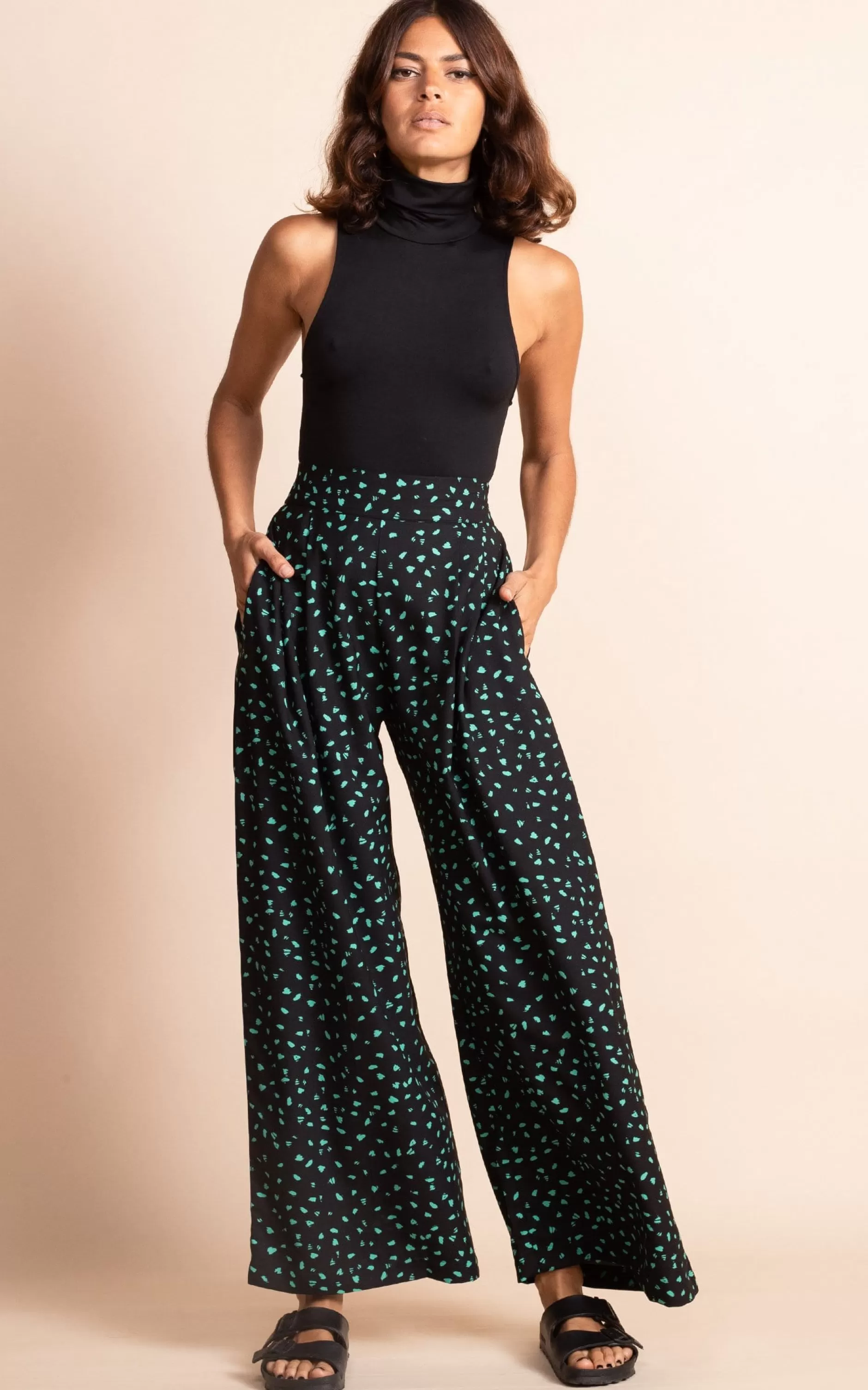 Dancing Leopard Joey Palazzo Trousers In Abstract Green On Black>Women Trousers