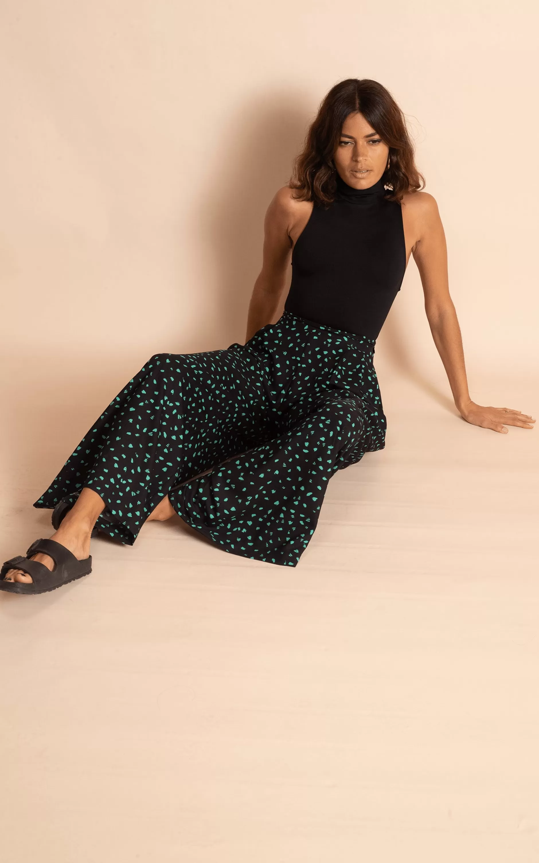 Dancing Leopard Joey Palazzo Trousers In Abstract Green On Black>Women Trousers