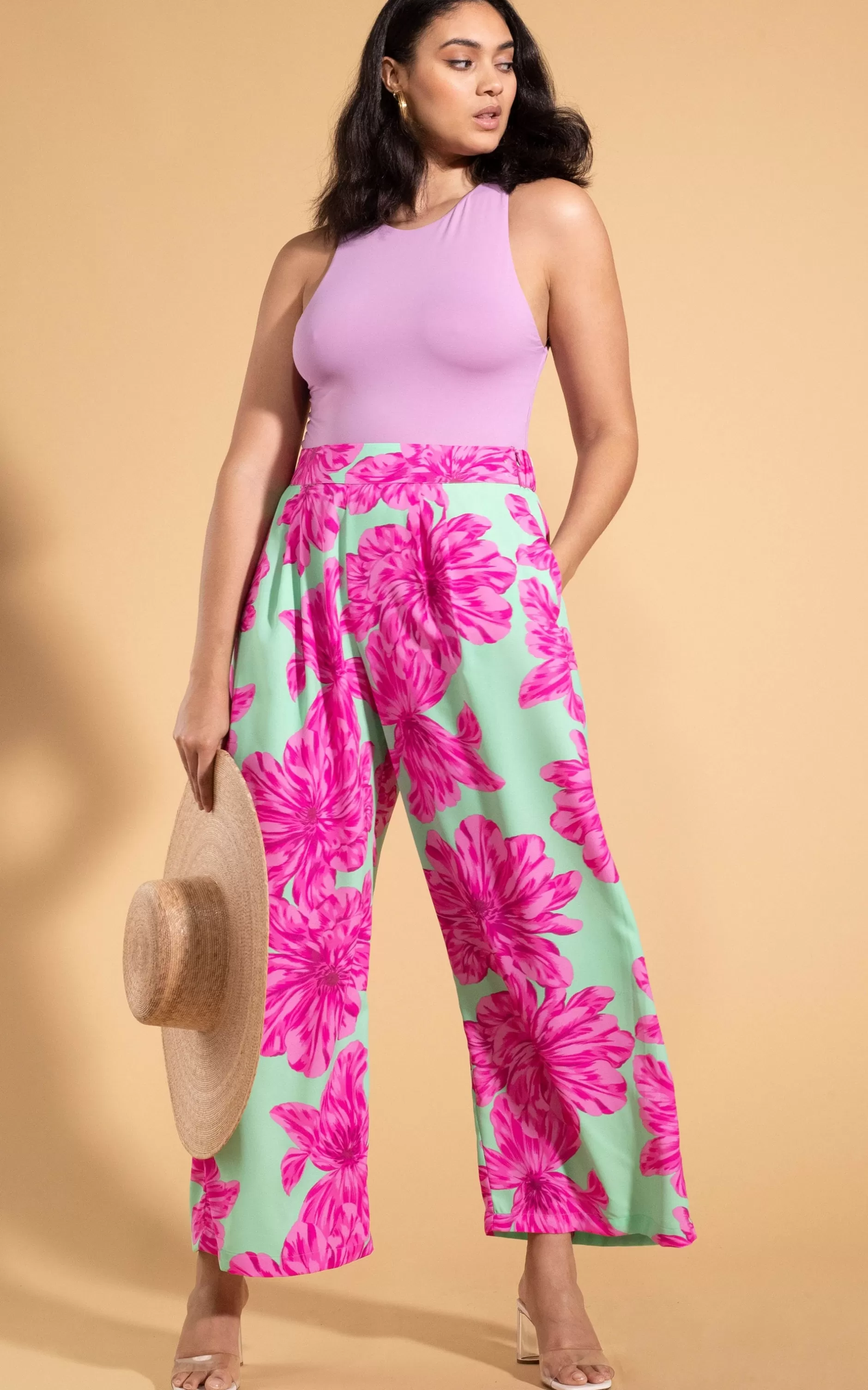 Dancing Leopard Joey Palazzo Trousers In Pink On Mint Bloom>Women Trousers
