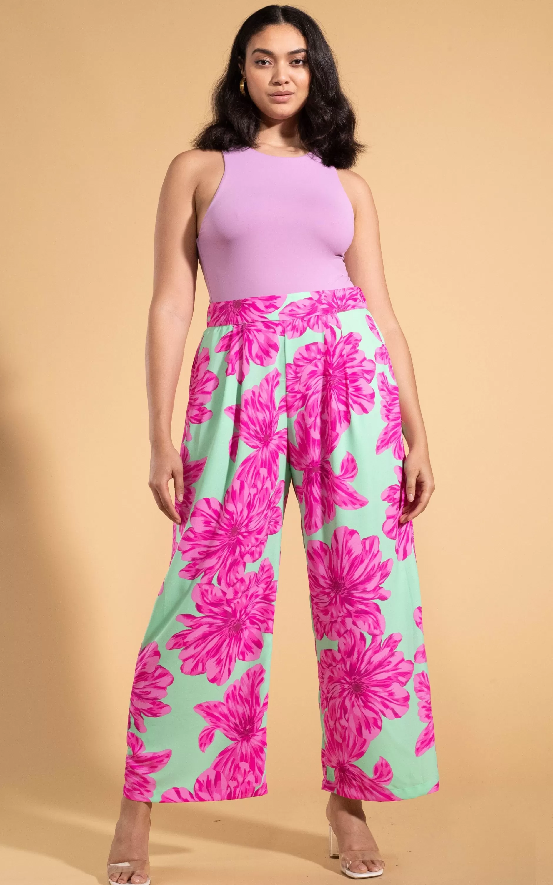 Dancing Leopard Joey Palazzo Trousers In Pink On Mint Bloom>Women Trousers