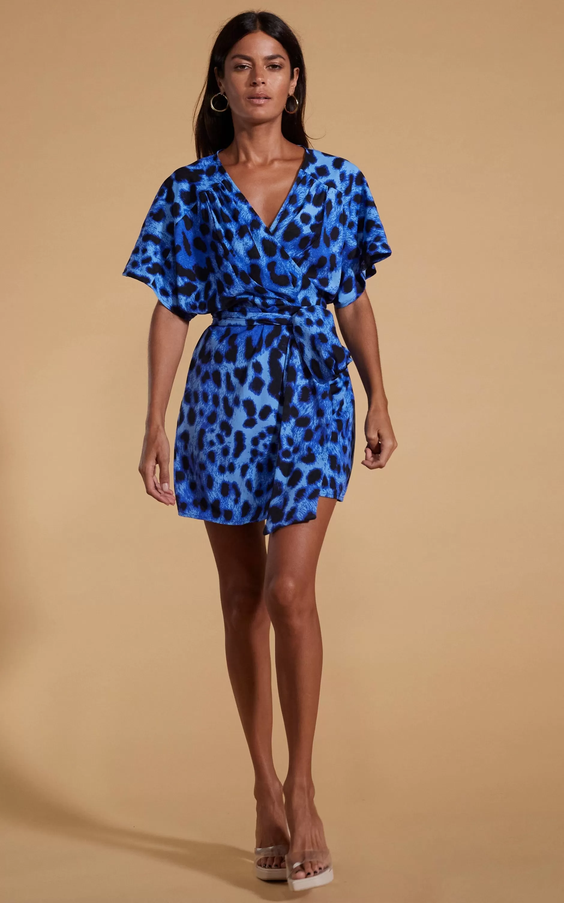 Dancing Leopard Kansas Mini Wrap Dress In Bright Blue Leopard>Women Dresses