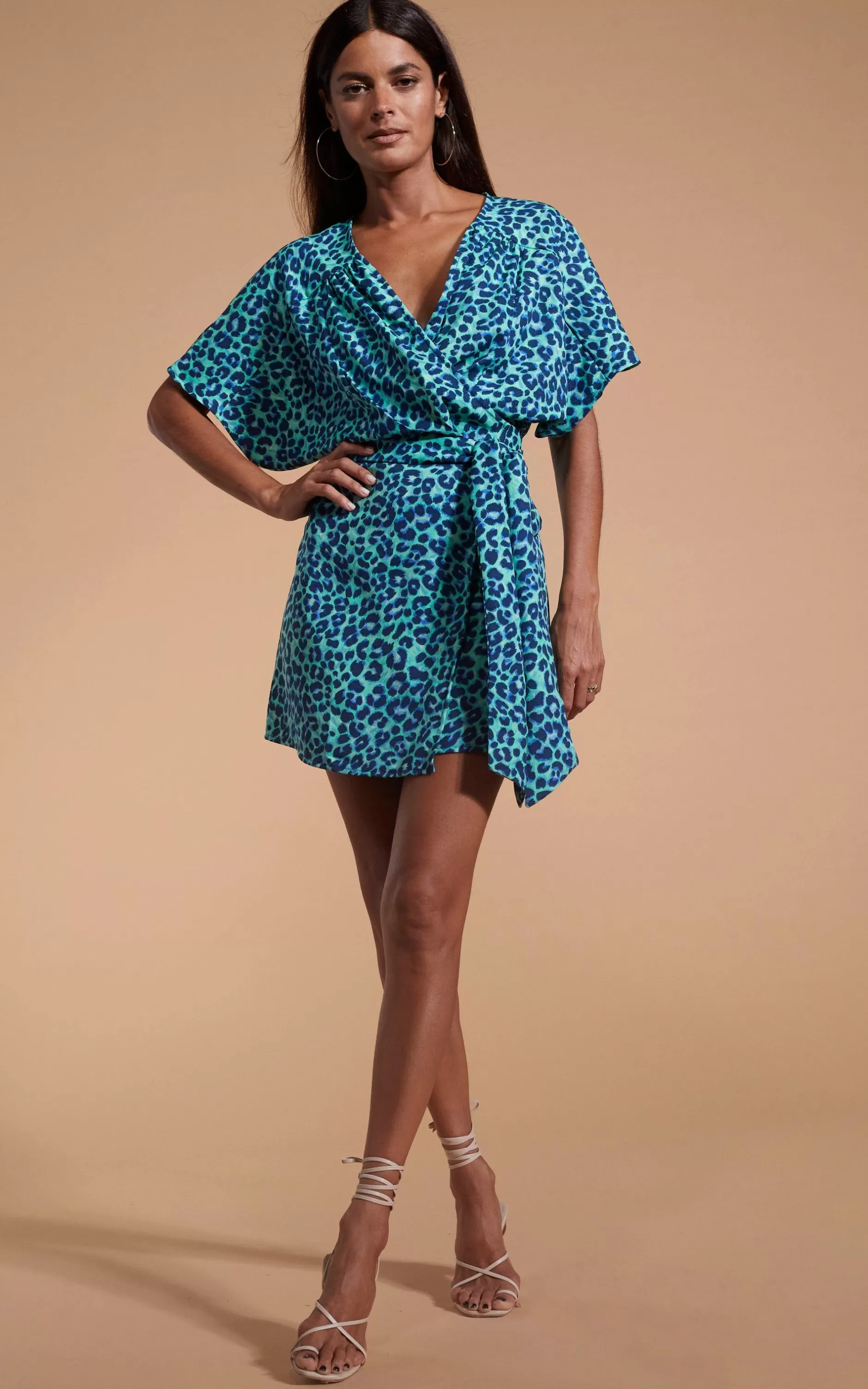 Dancing Leopard Kansas Mini Wrap Dress In Turquoise Leopard>Women Dresses
