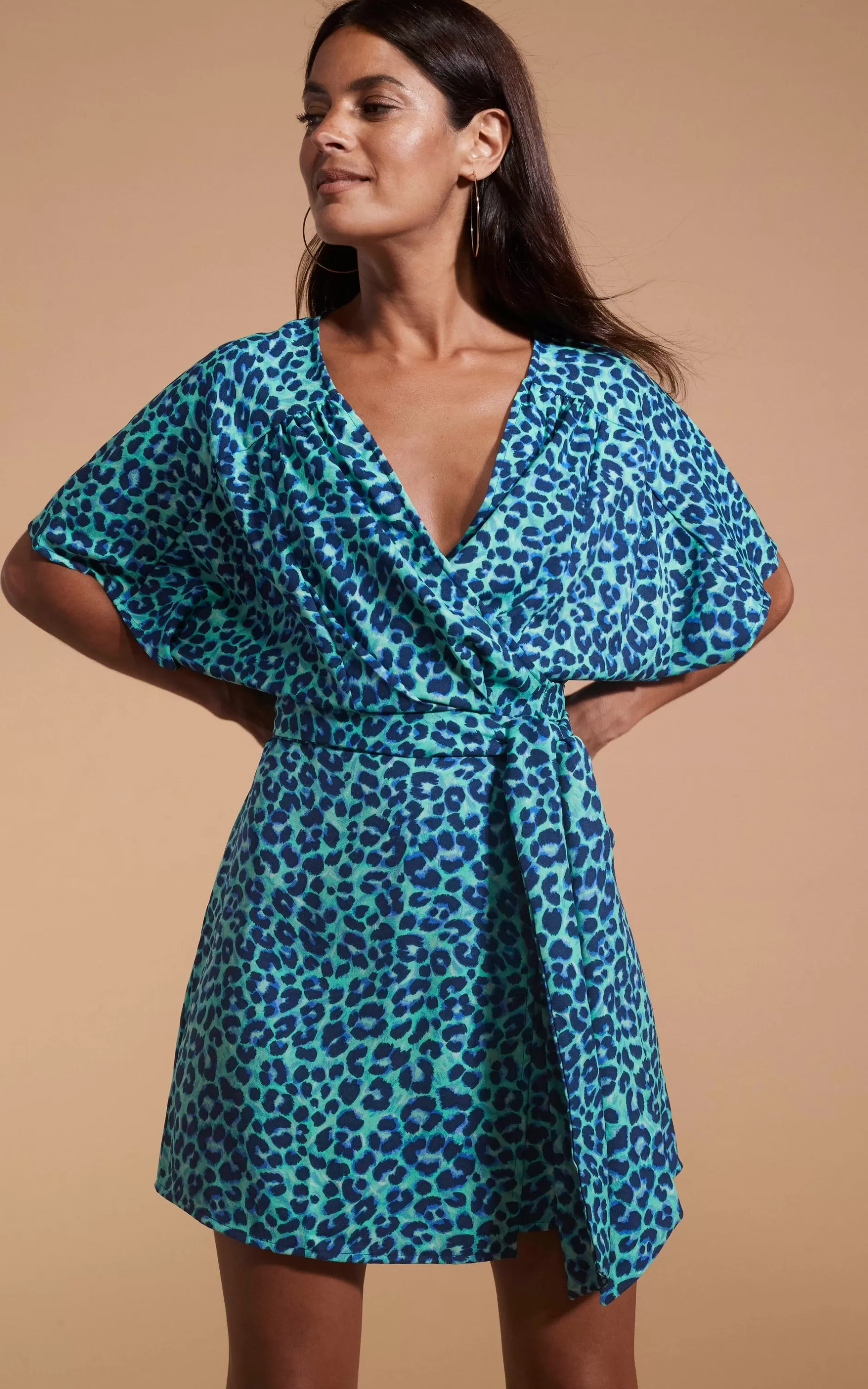 Dancing Leopard Kansas Mini Wrap Dress In Turquoise Leopard>Women Dresses