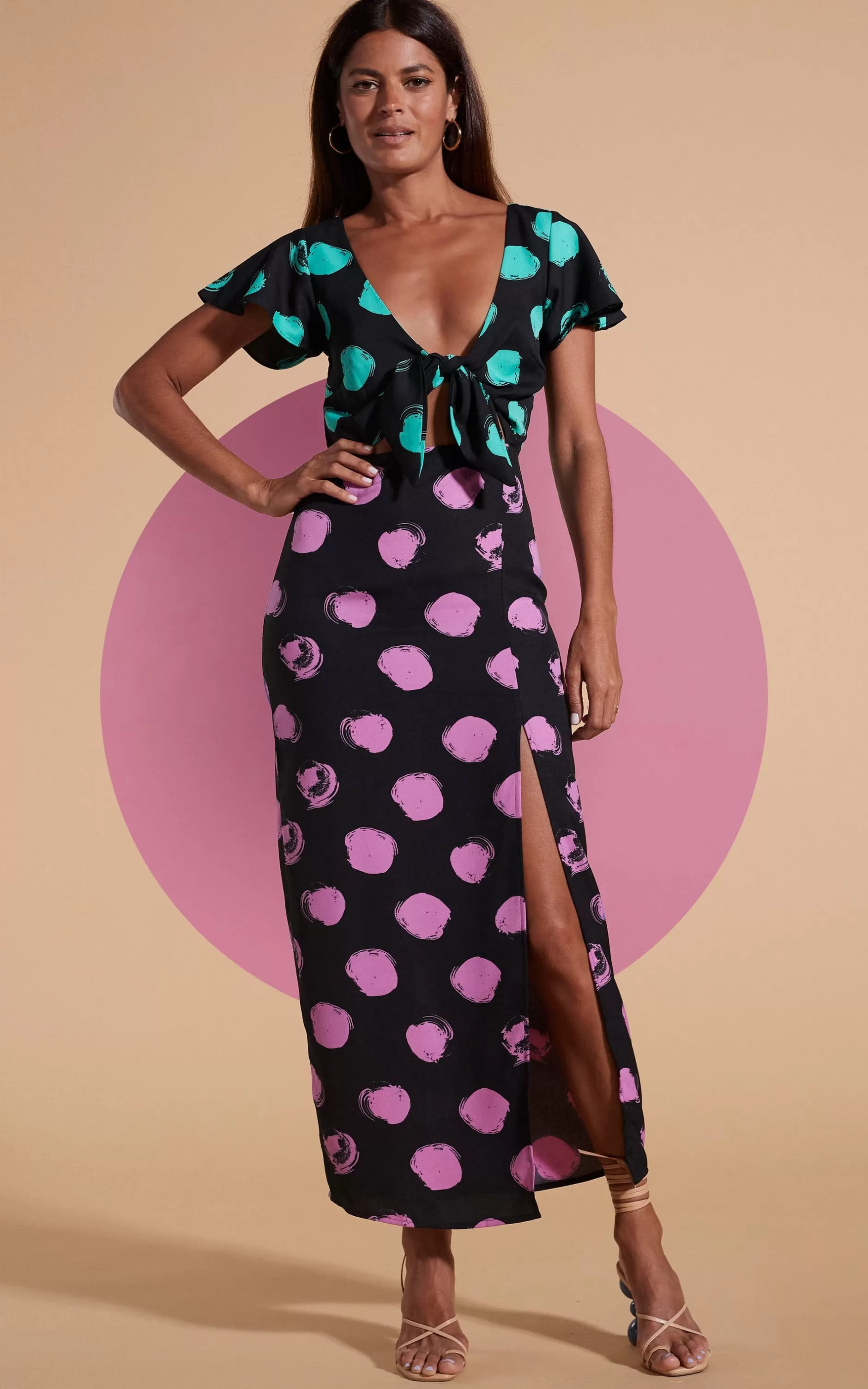 Dancing Leopard Lily Dress In Green On Black Dot & Pink On Black Dot>Women Dresses