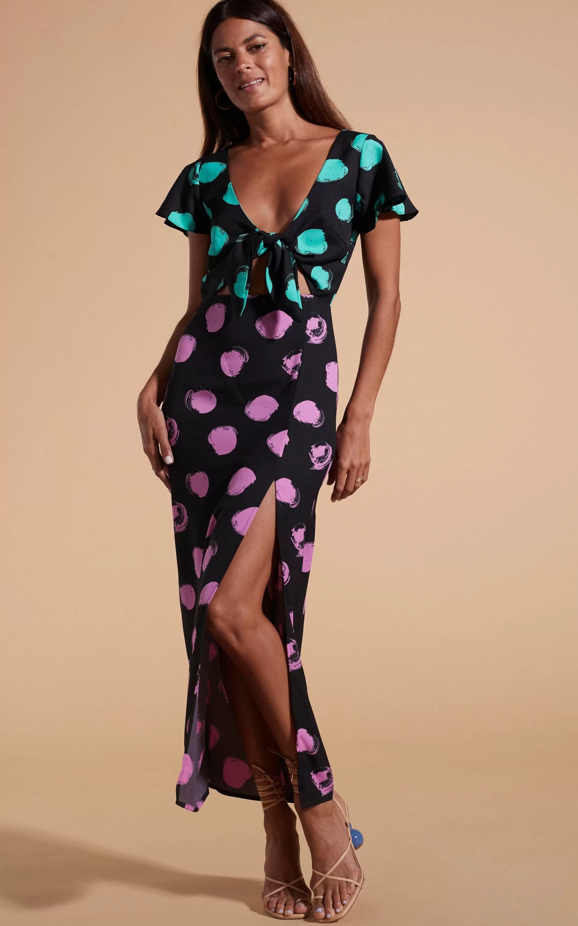Dancing Leopard Lily Dress In Green On Black Dot & Pink On Black Dot>Women Dresses