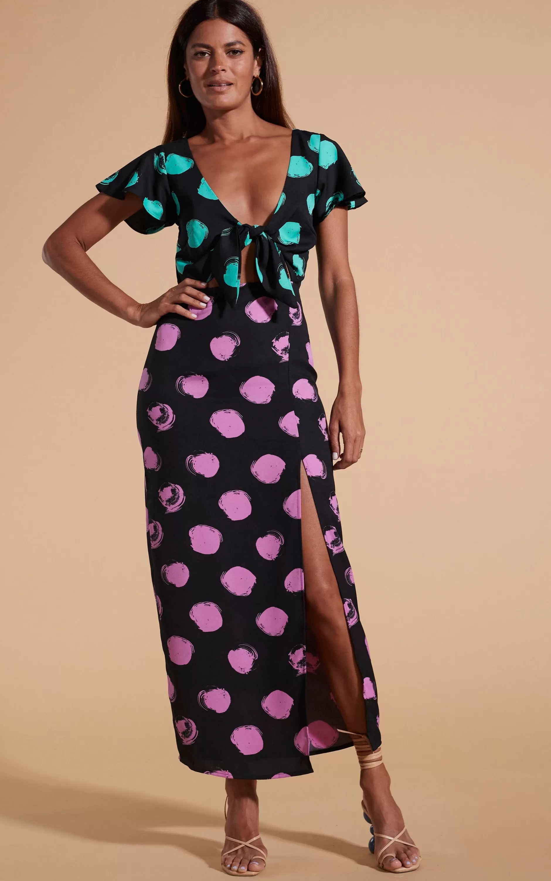 Dancing Leopard Lily Dress In Green On Black Dot & Pink On Black Dot>Women Dresses