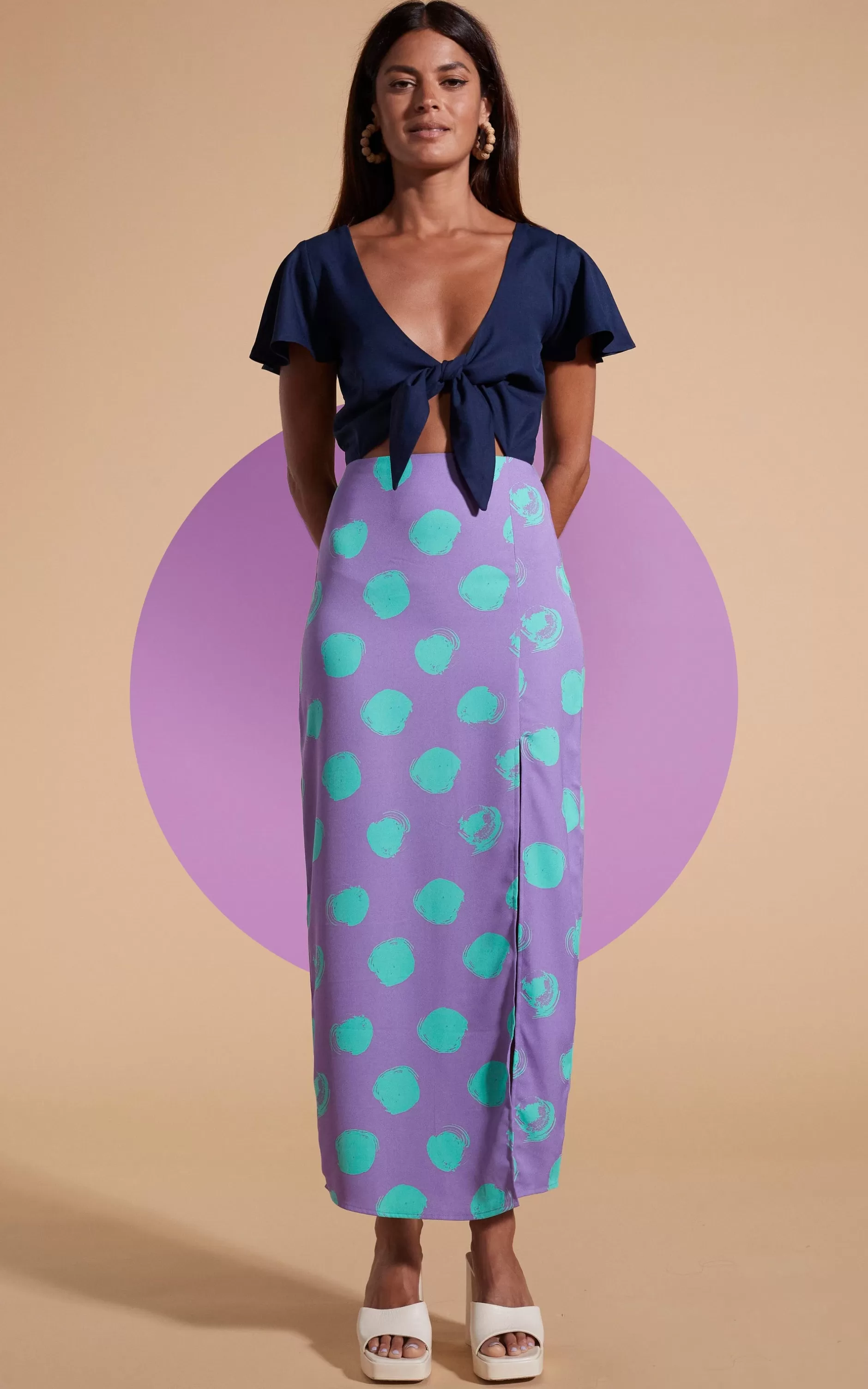 Dancing Leopard Lily Dress In Navy & Green On Purple Dot>Women Dresses