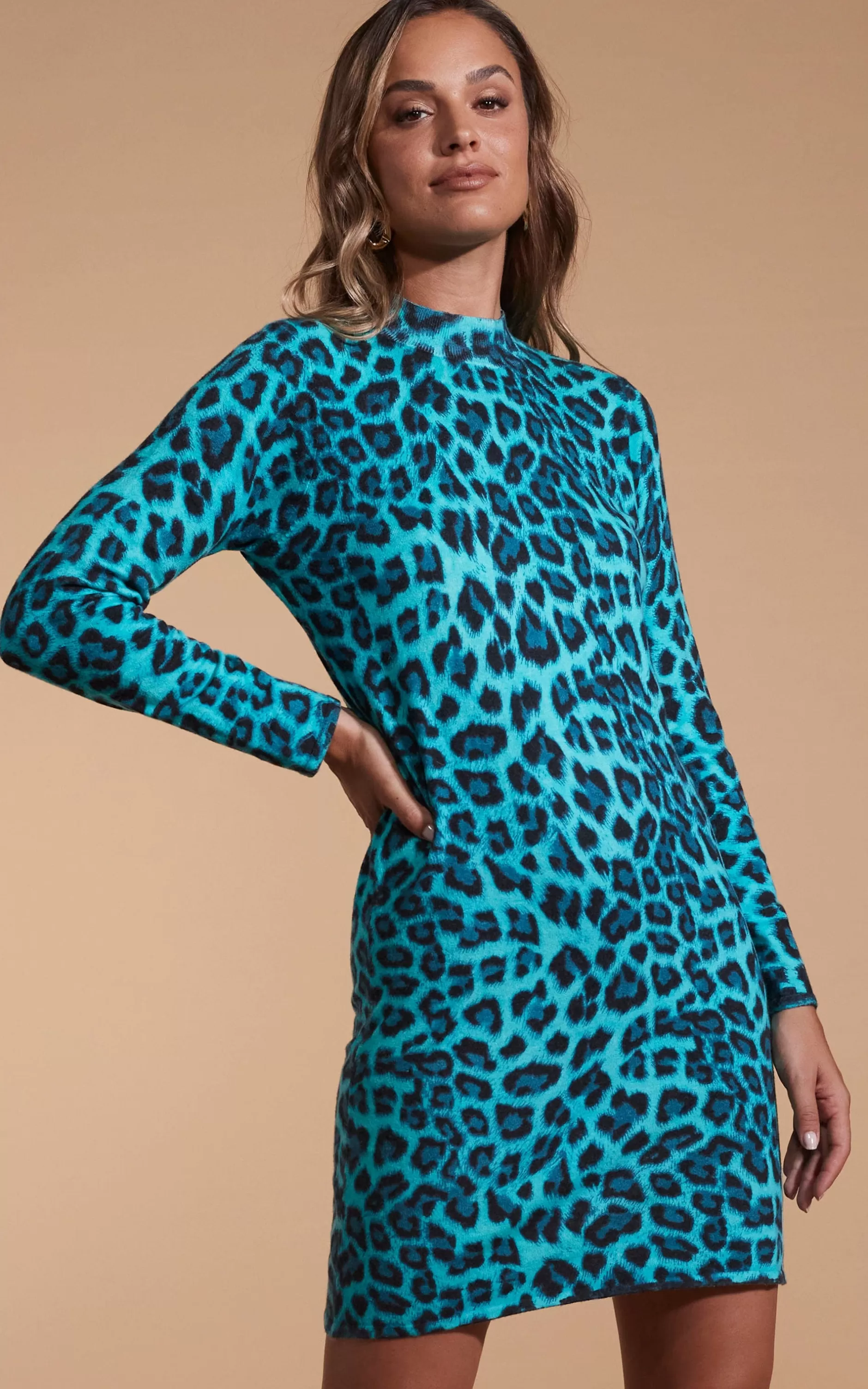 Dancing Leopard Lynx Slouchy Mini Dress In Green Leopard>Women Knitwear