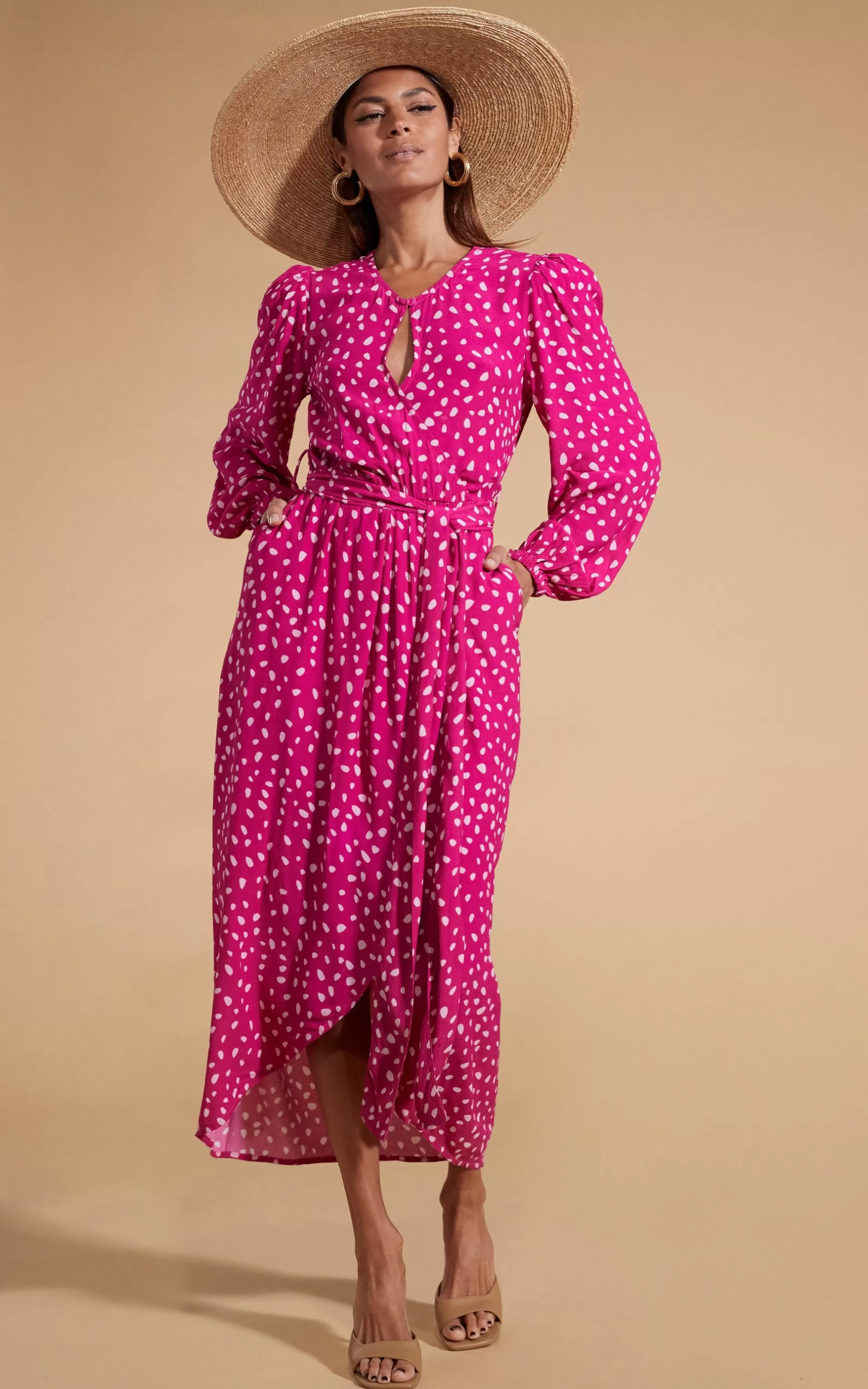 Dancing Leopard Mabel Midaxi Mock Wrap Dress In Odd Dot Pink On Magenta>Women Dresses