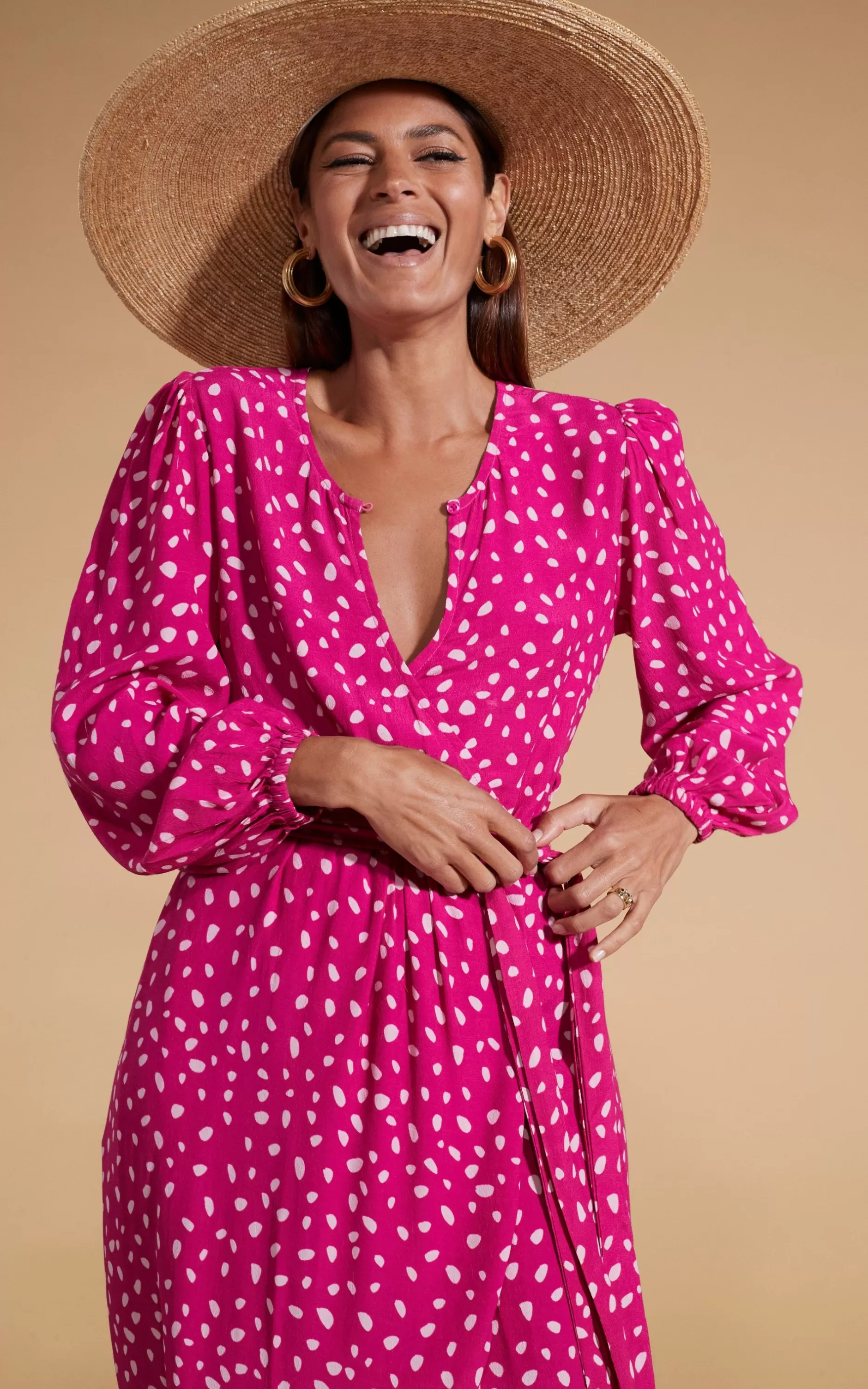 Dancing Leopard Mabel Midaxi Mock Wrap Dress In Odd Dot Pink On Magenta>Women Dresses
