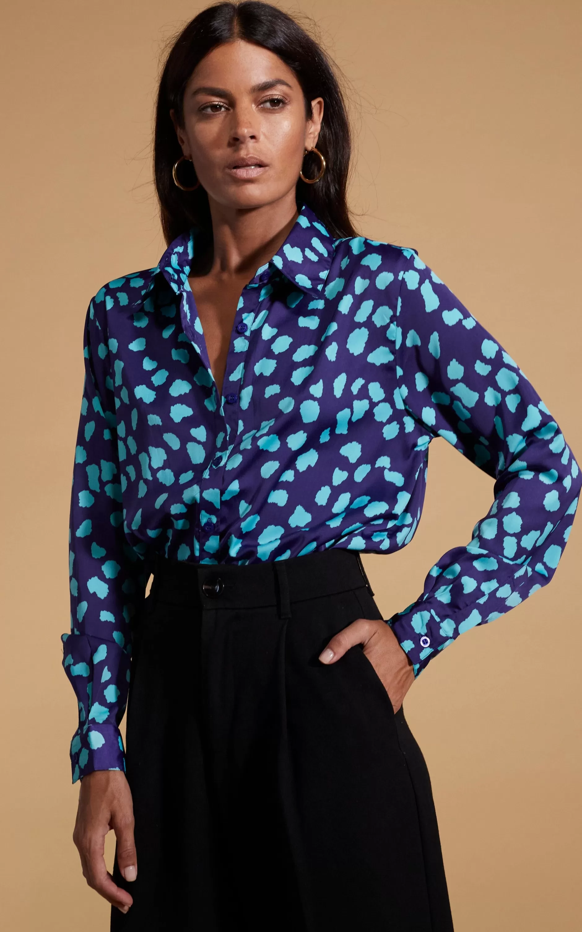Dancing Leopard Nevada Satin Shirt In Ice Blue On Navy Cloud>Women Shirts