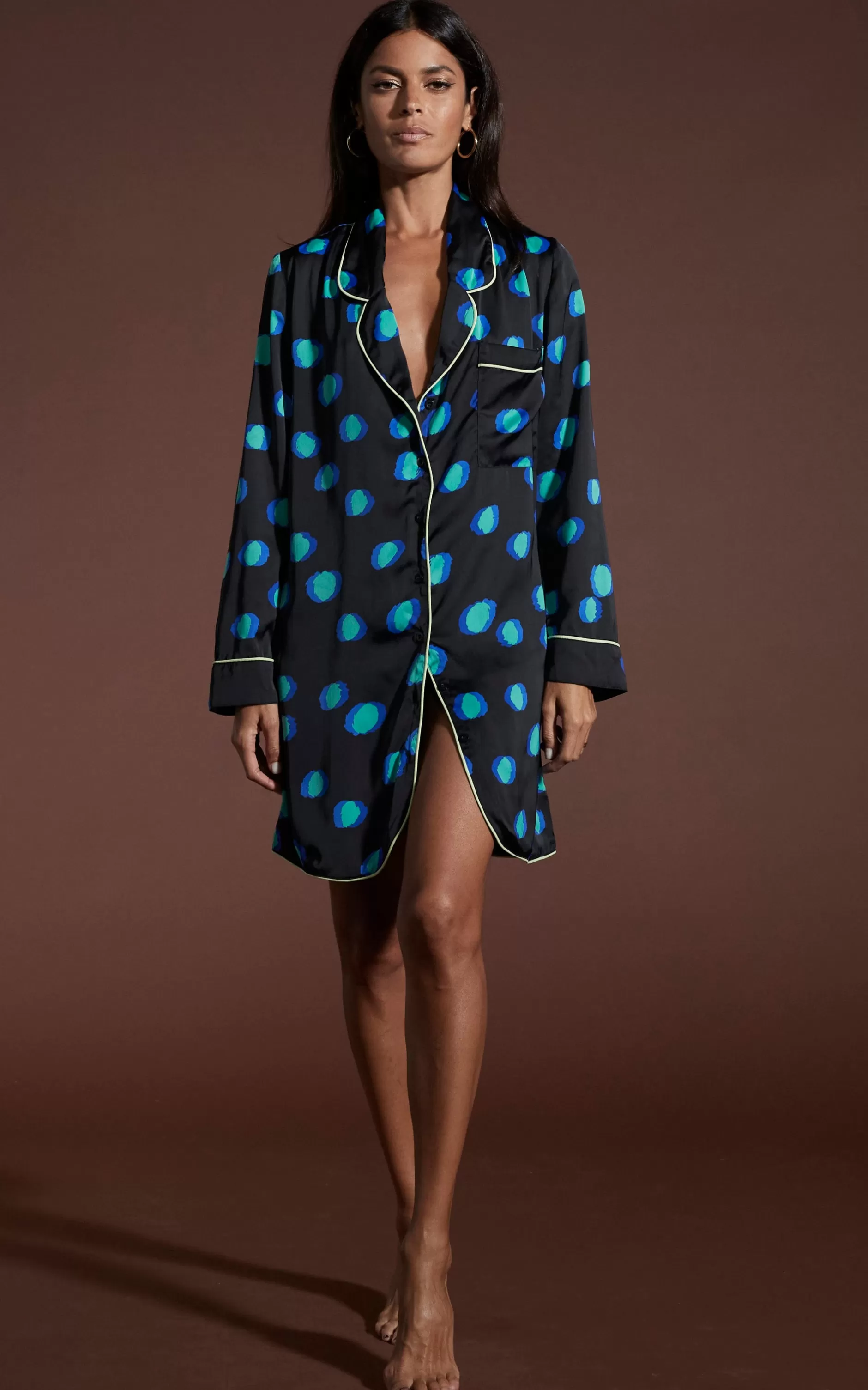 Dancing Leopard Nyx Satin Nightshirt In Polka Dot Blue On Black>Women Pyjamas