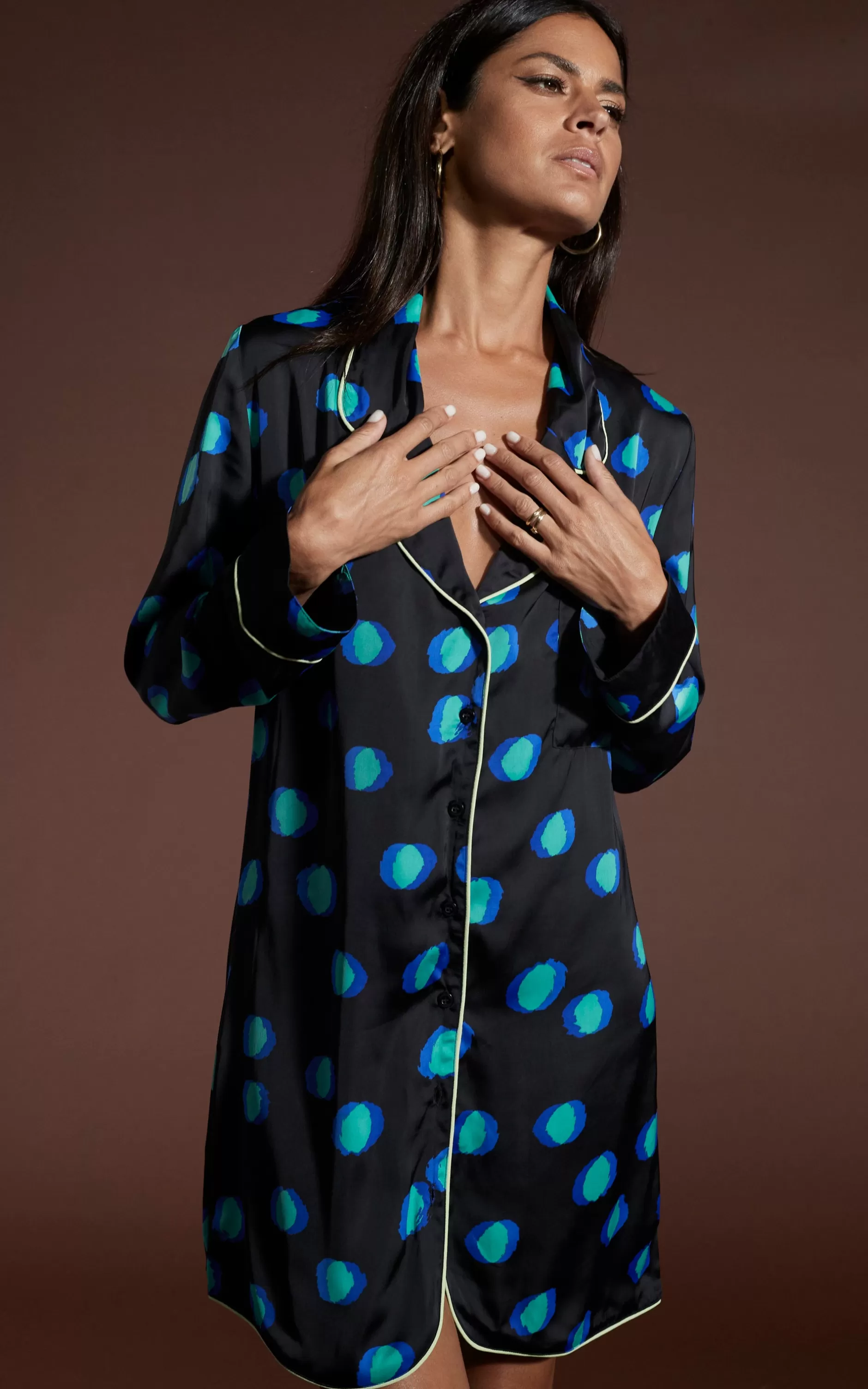 Dancing Leopard Nyx Satin Nightshirt In Polka Dot Blue On Black>Women Pyjamas
